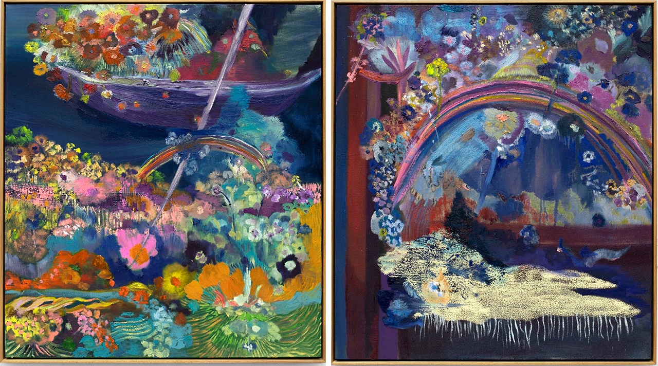 Left : Thalita Hamaoui, Água, céu e sol, 2026, Oil and oil stick on canvas, 35 3/8 x 31 1/2 inches, 90 x 80 cm, © Thalita Hamaoui, Courtesy the artist and Boesky Gallery Right: Thalita Hamaoui, Continua brilhando, 2026, Oil, oil stick, and pigment on linen, 35 3/8 x 31 1/2 inches, 90 x 80 cm, © Thalita Hamaoui, Courtesy the artist and Boesky Gallery