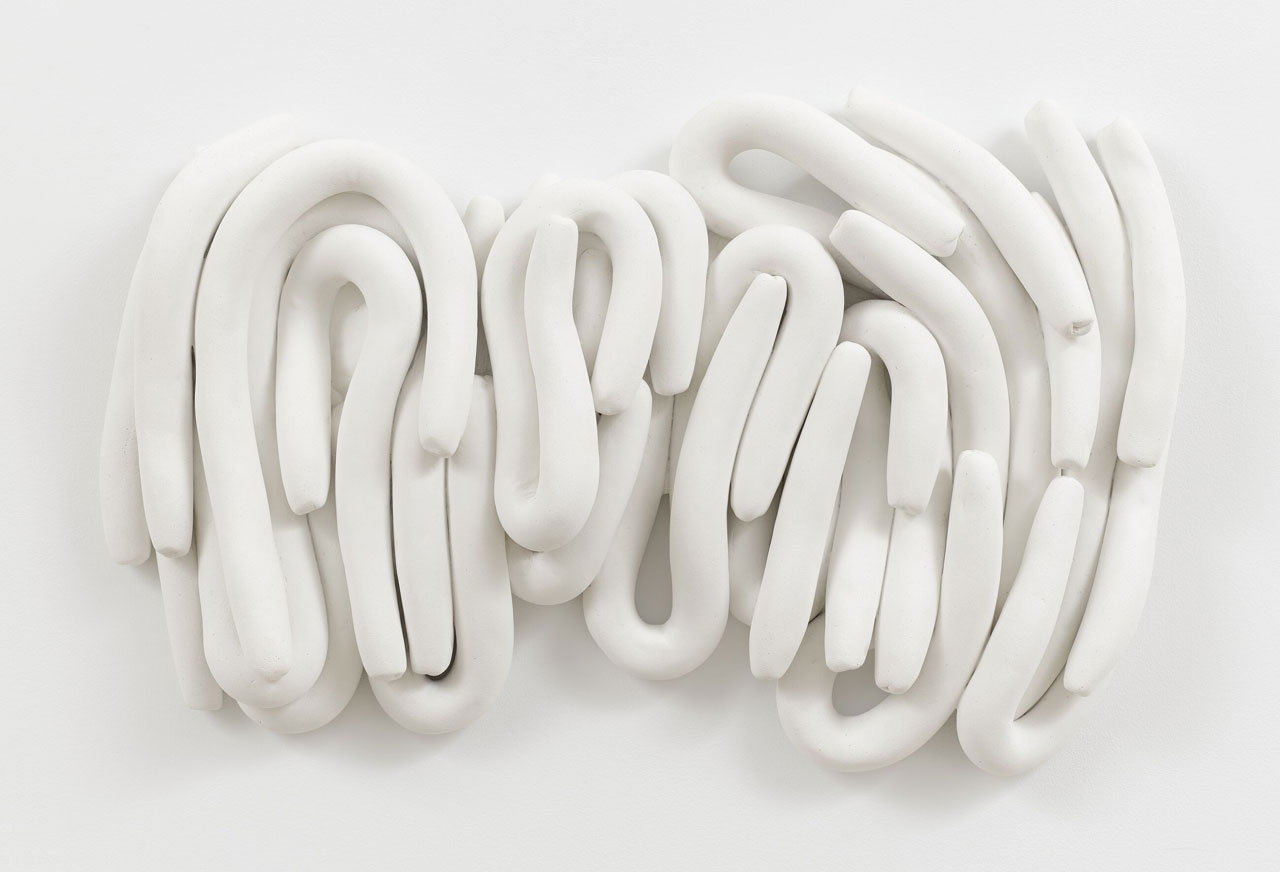 Anna Maria Maiolino, Untitled, from Cobrinhas (Little Snakes) series, 2018, Marble powder and white cement, 44 x 70 x 10 cm / 17 3/8 x 27 1/2 x 3 7/8 in, © Anna Maria Maiolino, Photo: Sarah Muehlbauer, Courtesy the artist and Hauser & Wirth Gallery