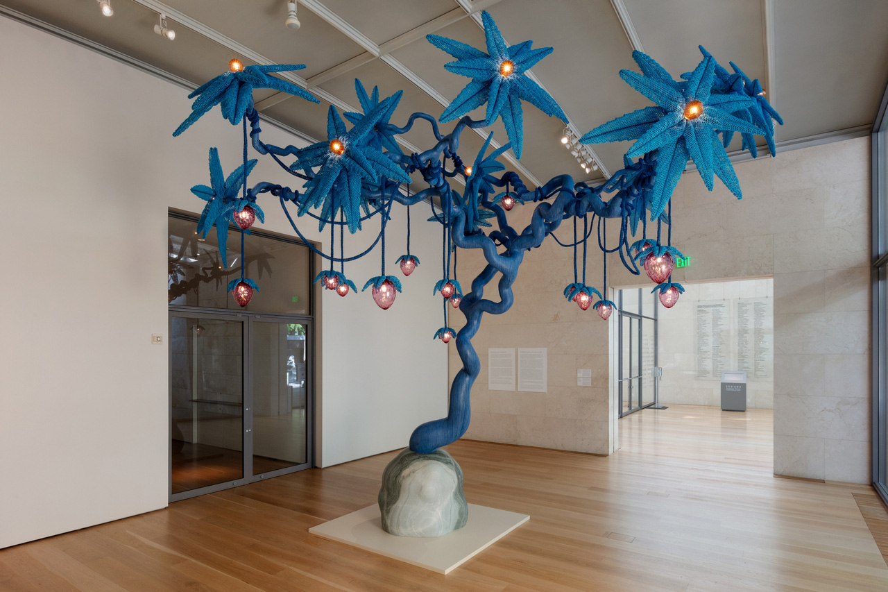 Haas Brothers, The Strawberry Tree, 2024; Installation view of Haas Brothers: Moonlight, Nasher Sculpture Center, May 11-August 25, 2024. Patinated bronze, Pele de Tigre marble, glass beads, hand blown glass, electrical components. Photo: Kevin Todora. Courtesy of Nasher Sculpture Center