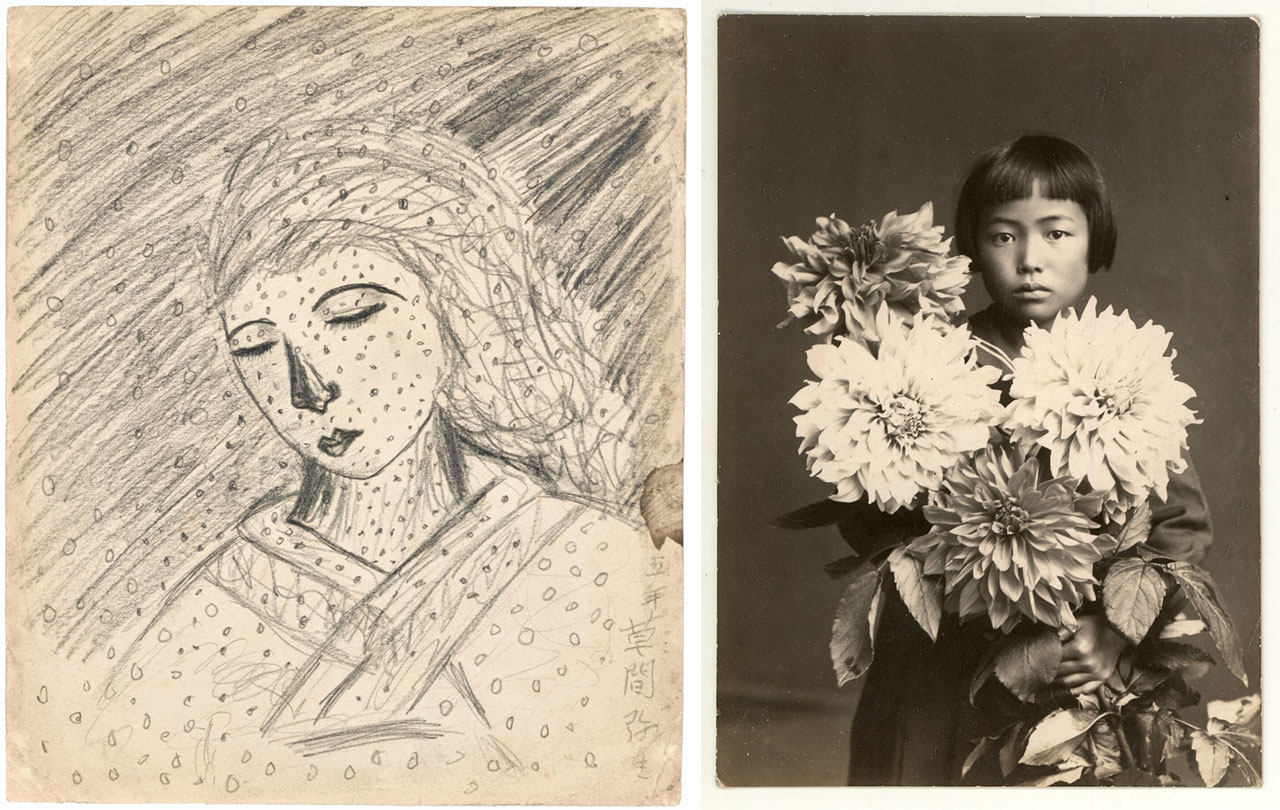 Left: Yayoi Kusama, 'Untitled', 1939. Graphite on paper, 24.8 x 22.5 cm. Collection of the artist. © YAYOI KUSAMA Right: Yayoi Kusama around the age of ten, ca. 1939. © YAYOI KUSAMA