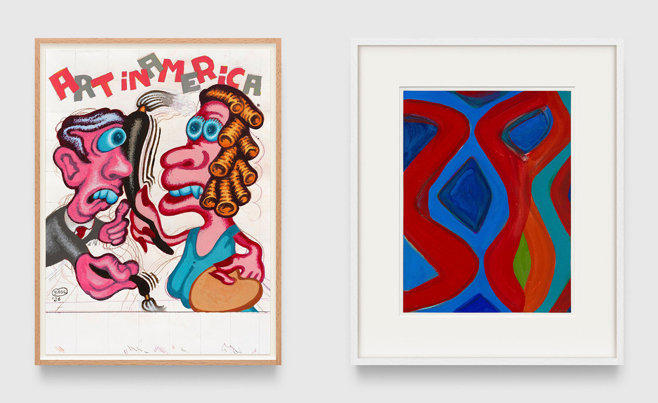 Left: Peter Saul, Art in America, 2026, Acrylic paint and graphite on paper, 30 x 22 inches (76.2 x 55.9 cm), Framed: 31 3/4 x 23 3/4 inches (80.7 x 60.3 cm), Signed and dated recto Right: Marina Adams, 16x12_260, 2024, Gouache on Arches Aquarelle paper, 16 1/8 x 12 1/8 inches (41 x 30.8 cm), Initialed and dated recto; signed, titled, dated, and inscribed verso