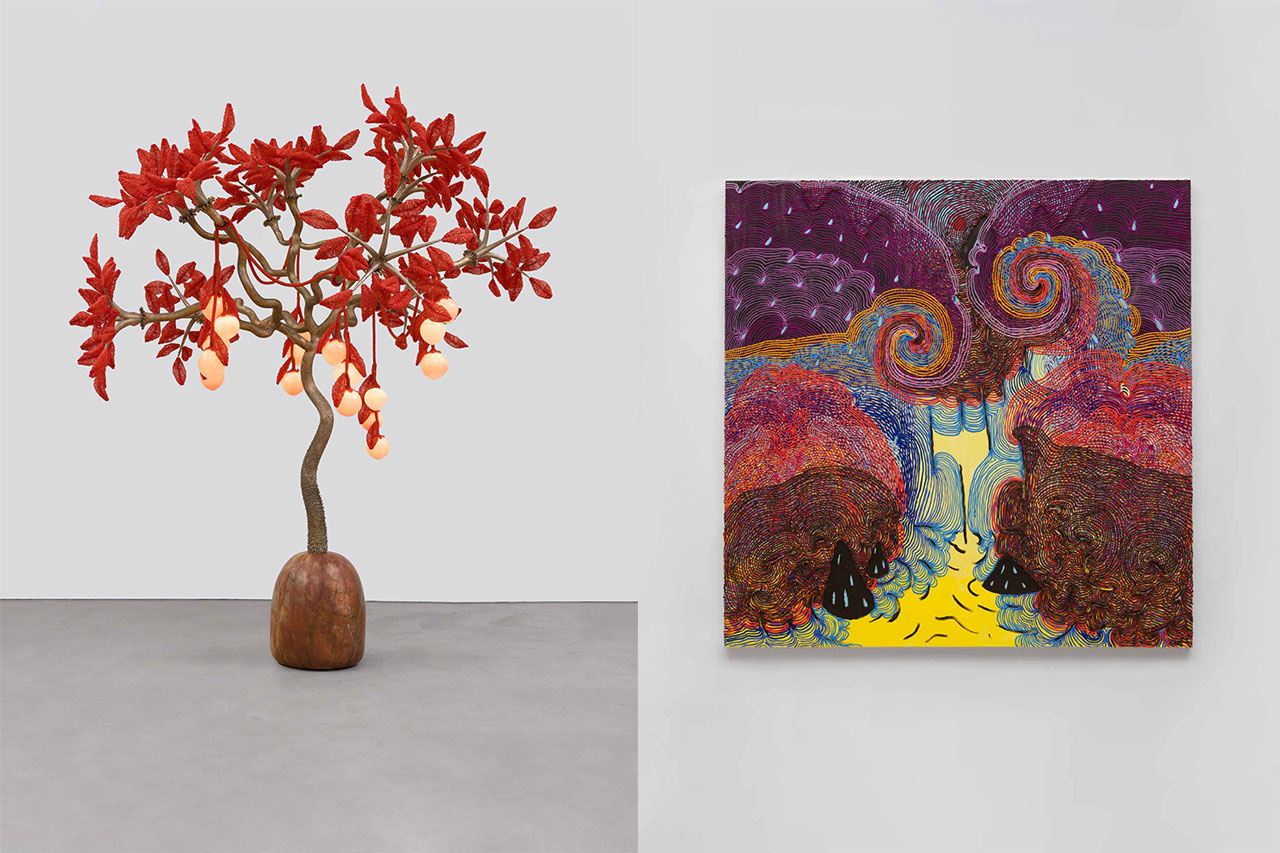 Left: Haas Brothers, Peach Tree, 2026, Stone, bronze, glass, beads, electrical, 120 x 80 x 80 inches, 304.8 x 203.2 x 203.2 cm, © Haas Brothers, Courtesy the artists and Boesky Gallery Right: Haas Brothers, Yellow Waterfall, 2026, Acrylic medium and paint on canvas, 72 1/2 x 72 x 3 inches, 184.2 x 182.9 x 7.6 cm, © Haas Brothers, Courtesy the artists and Boesky Gallery