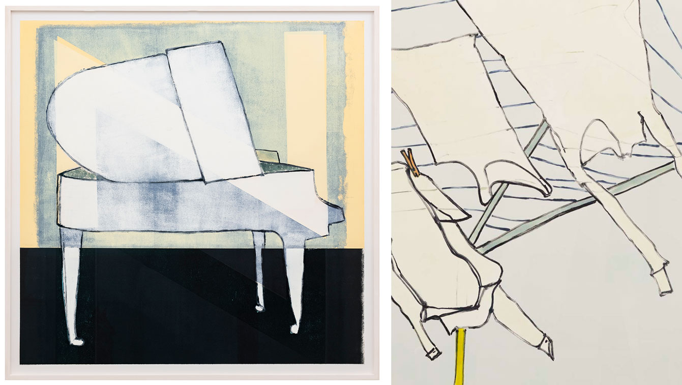 Left: Zilla Leutenegger, New Balance, 2022, Oil on cotton paper (monotype), 135 x 135 cm, Courtesy the artist and Galerie Peter Kilchmann, Zurich, Paris Right: Zilla Leutenegger, Wäschespinne I, 2025, Oil on cotton paper, monotype, 204 x 153 cm, Courtesy the artist and Galerie Judin, Berlin