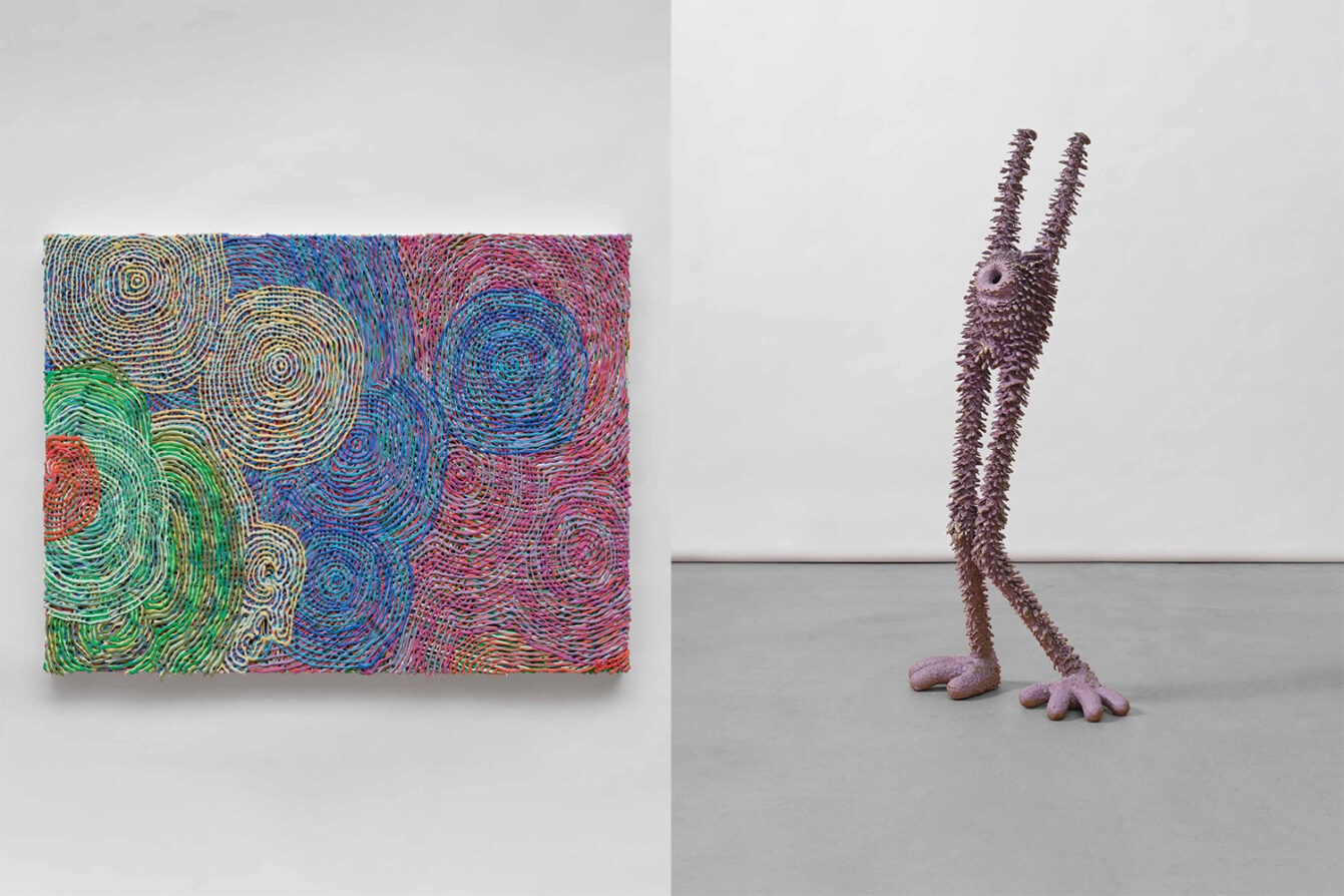 Left: Haas Brothers, Twinkler, 2026 , Acrylic medium and paint on canvas, 30 3/4 x 40 1/2 x 2 3/4 inches, 78.1 x 102.9 x 7 cm, © Haas Brothers, Courtesy the artists and Boesky Gallery Right: Haas Brothers, Smelton John, 2026, Patinated cast bronze, 45 x 21 x 11 1/2 inches, 114.3 x 53.3 x 29.2 cm, © Haas Brothers, Courtesy the artists and Boesky Gallery