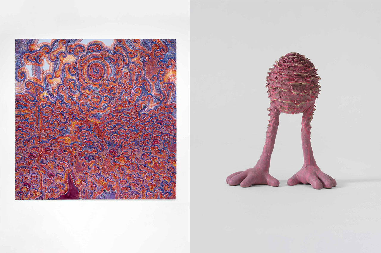 Left: Haas Brothers, Hill Sunset, 2026 , Acrylic medium and paint on canvas, 96 1/4 x 96 1/4 x 2 3/4 inches, 244.5 x 244.5 x 7 cm, © Haas Brothers, Courtesy the artists and Boesky Gallery Right: Haas Brothers, Patina Aguilera, 2026 , Patinated cast bronze, 9 x 7 1/2 x 3 3/4 inches, 22.9 x 19.1 x 9.5 cm, © Haas Brothers, Courtesy the artists and Boesky Gallery