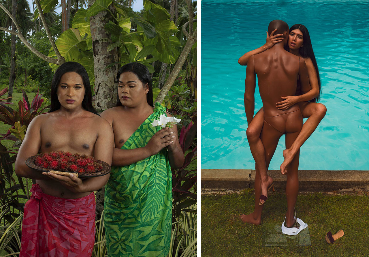 Left: Yuki Kihara. Two Fa’afafine (after Gauguin) from the series Paradise Camp. 2020. Chromogenic print, 37 3/16 × 28″ (94.5 × 71.1 cm). The Museum of Modern Art, New York. The Photography of Council Fund. © 2025 Yuki Kihara Right: Martine Gutierrez. Body En Thrall, p. 120 from Indigenous Woman. Chromogenic print, 90 × 60″ (228.6 × 152.4 cm). The Museum of Modern Art, New York, Fund for the Twenty-First Century. © 2025 Martine Gutierrez