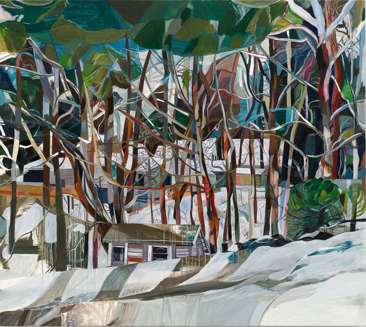Jay Stern, School Street Woods, 2026, Oil on canvas, 40 1/8 x 45 1/4 inches (101.9 x 114.9 cm), Signed, titled, dated, and inscribed verso