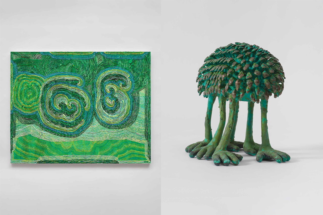 Left: Haas Brothers, Cypress Trees and Hills, 2026 , Acrylic medium and paint on canvas, 48 1/8 x 60 1/8 x 3 1/2 inches, 122.2 x 152.7 x 8.9 cm, © Haas Brothers, Courtesy the artists and Boesky Gallery Right: Haas Brothers, Kirtsie Alloy, 2026, Patinated cast bronze, 10 1/2 x 8 3/4 x 9 1/8 inches, 26.7 x 22.2 x 23.2 cm, © Haas Brothers, Courtesy the artists and Boesky Gallery
