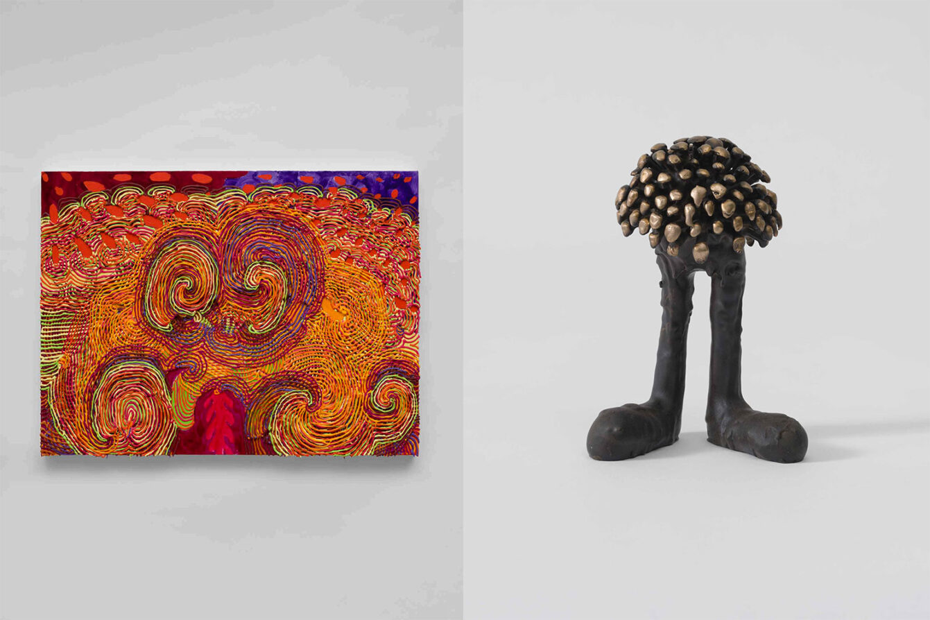 Left: Haas Brothers, Tropical Flowers, 2026 , Acrylic medium and paint on canvas, 30 1/2 x 40 1/4 x 2 3/4 inches, 77.5 x 102.2 x 7 cm, © Haas Brothers, Courtesy the artists and Boesky Gallery Right: Haas Brothers, Alloyson Janney, 2026, Patinated cast bronze, 7 x 5 x 2 3/4 inches, 17.8 x 12.7 x 7 cm, © Haas Brothers, Courtesy the artists and Boesky Gallery