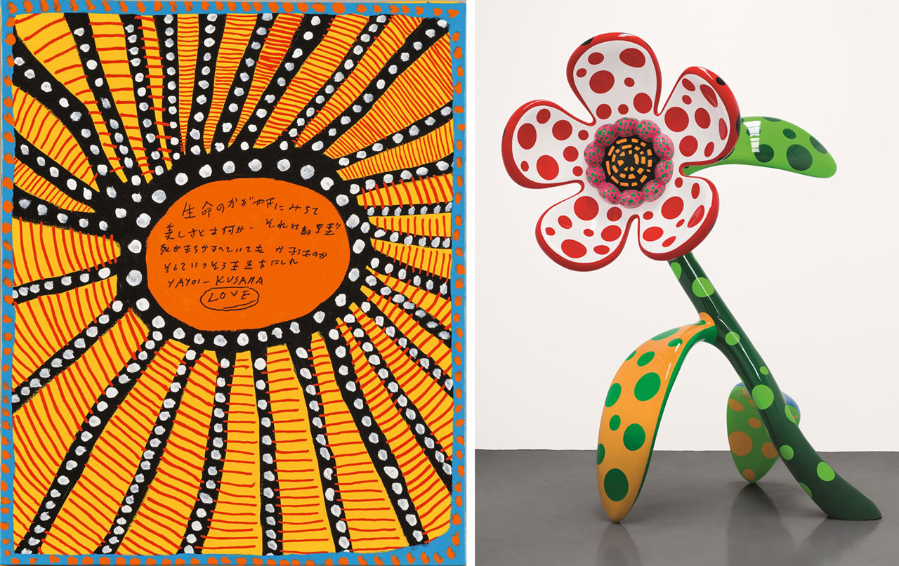 Left: Yayoi Kusama, 'Every Day I Pray for Love', 2023. Acrylic and marker pen on canvas, 60.6 x 50.0 cm. Collection of the artist. Courtesy of Ota Fine Arts. © YAYOI KUSAMA Right: Yayoi Kusama, 'Flowers That Speak All about My Heart Given to the Sky', 2018. Painted bronze, 300 x 211 x 203 cm. Collection of the artist. Courtesy of Ota Fine Arts, Victoria Miro and David Zwirner. © YAYOI KUSAMA