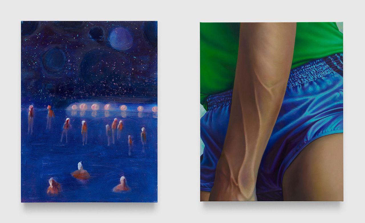 Left: Katherine Bradford, Swimming in Moon Lake, 2026, Acrylic on canvas, 40 1/4 x 30 inches (102.2 x 76.2 cm), Signed and dated verso Right: Ricardo Fumanal , Untitled (blue shorts), 2026, Oil on canvas, 39 1/2 x 31 1/2 inches (100.3 x 80 cm), Signed, titled, and dated verso
