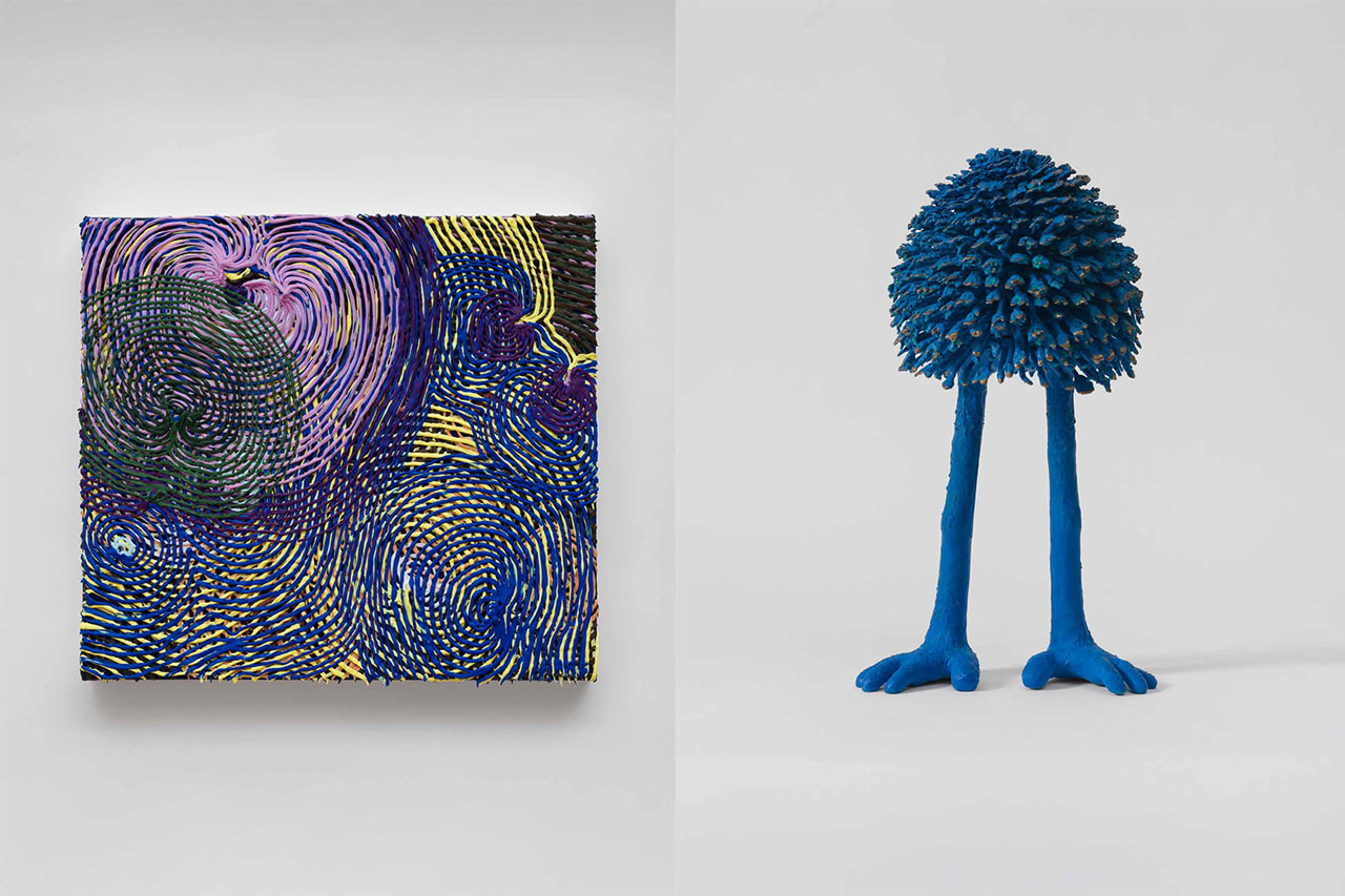 Left: Haas Brothers, Night Sky, 2026 , Acrylic medium and paint on canvas, 18 1/2 x 20 1/4 x 2 inches, 47 x 51.4 x 5.1 cm, © Haas Brothers, Courtesy the artists and Boesky Gallery Right: Haas Brothers, Alloycia Silverstone, 2026, Patinated cast bronze, 22 1/2 x 13 x 10 inches, 57.1 x 33 x 25.4 cm, © Haas Brothers, Courtesy the artists and Boesky Gallery