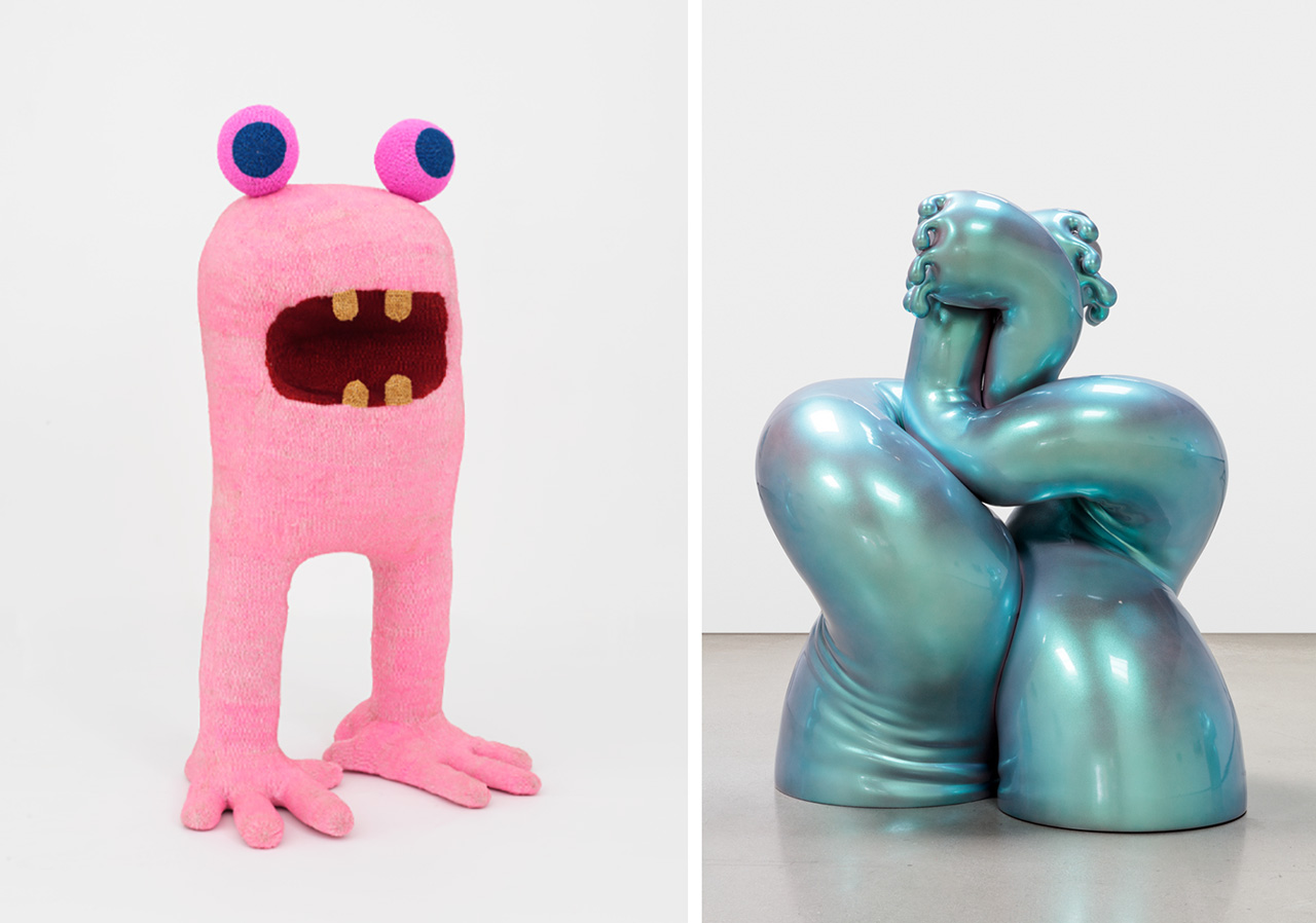 Left: Haas Brothers, Mouth-ew Broderick, 2019. Glass beads, wire, and mixed fiber stuffing. 45" H x 21" W x 2" D. Photo by Object Studies Right: Haas Brothers, The Strawberry Tree, 2024; Installation view of Haas Brothers: Moonlight, Nasher Sculpture Center, May 11-August 25, 2024. Patinated bronze, Pele de Tigre marble, glass beads, hand blown glass, electrical components. Photo: Kevin Todora. Courtesy of Nasher Sculpture Center