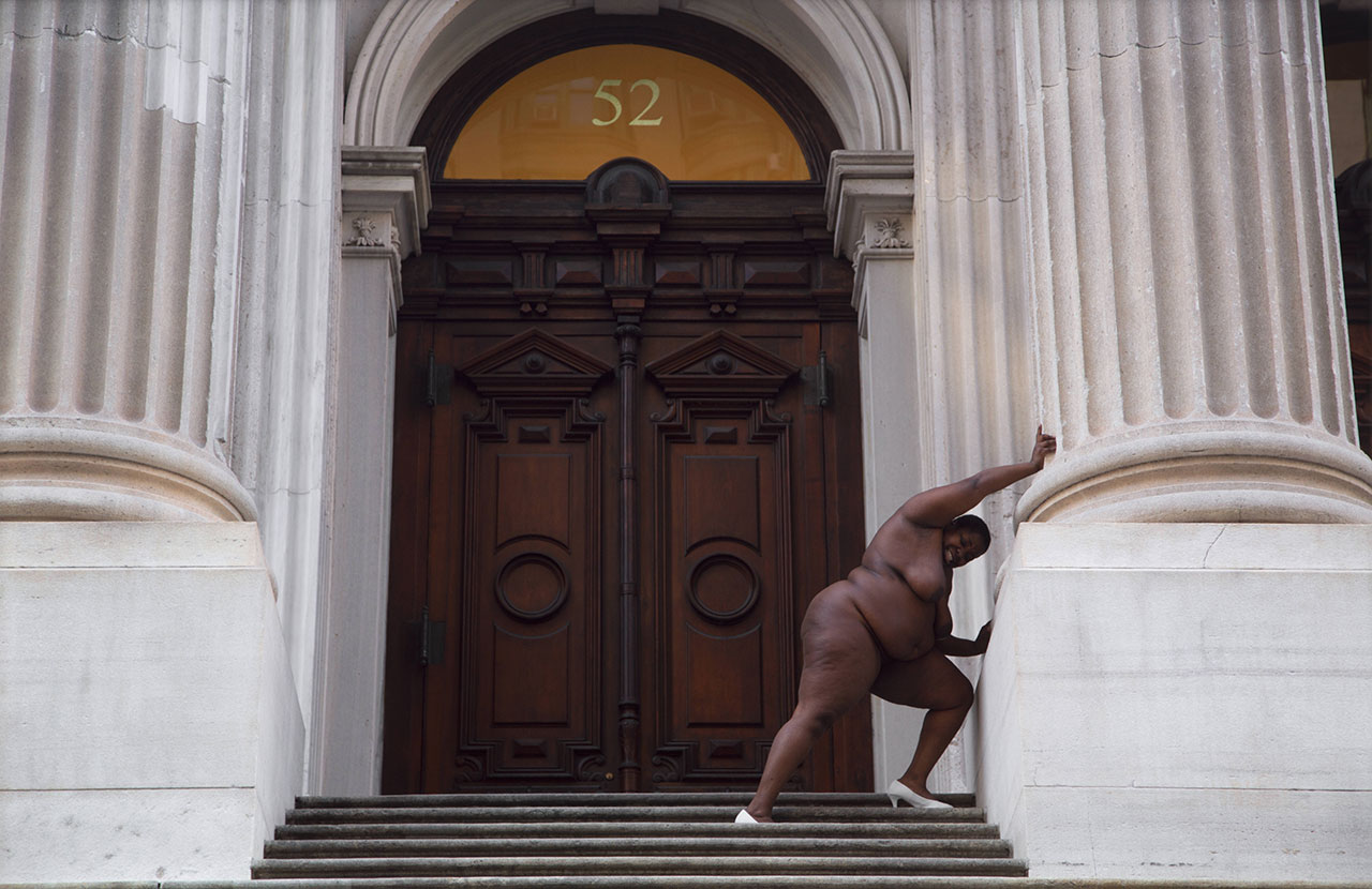 Nona Faustine. They Tagged The Land With Trophies and Institutions From Their Rapes and Conquests, Tweed Courthouse, NYC. 2013. Inkjet print, 33 3/8 × 50″ (84.6 × 127 cm). The Museum of Modern Art, New York. Vital Projects Fund, Robert B. Menschel. © 2025 Nona Faustine Estate