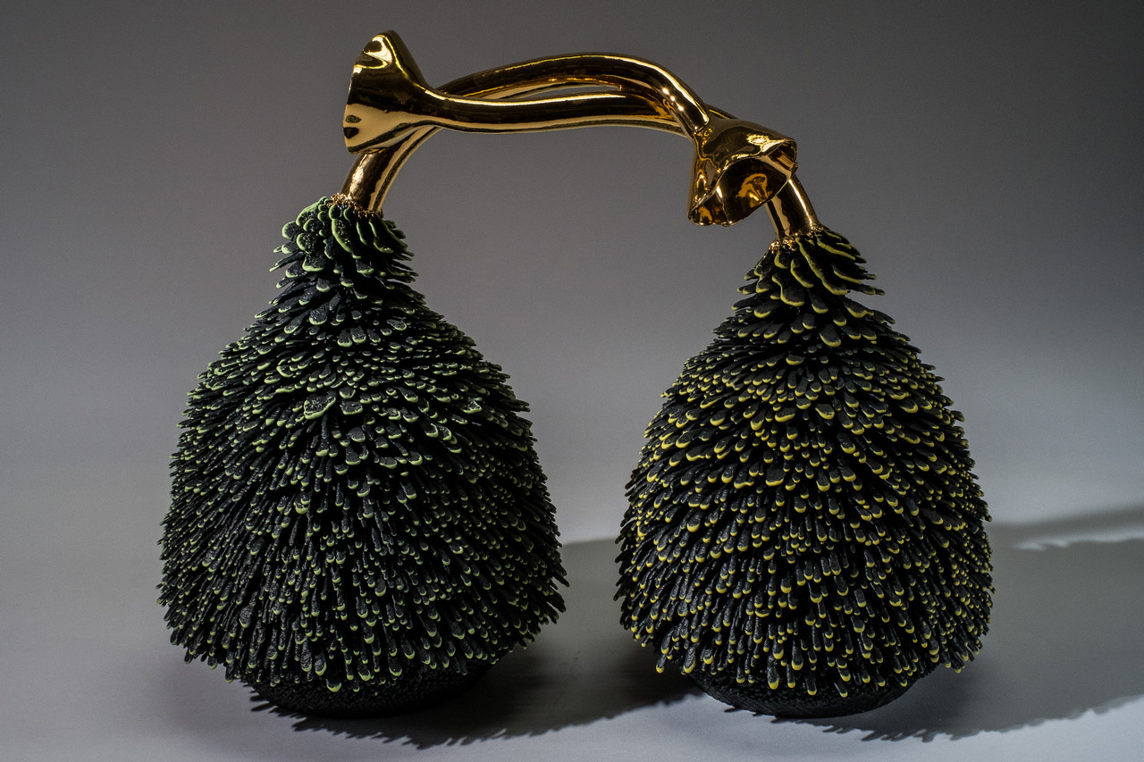 Haas Brothers, Father Partner, 2017, Hand thrown and accreted porcelain, gold luster, and brass plate. Photo: Justin Corbett. © Haas Brothers