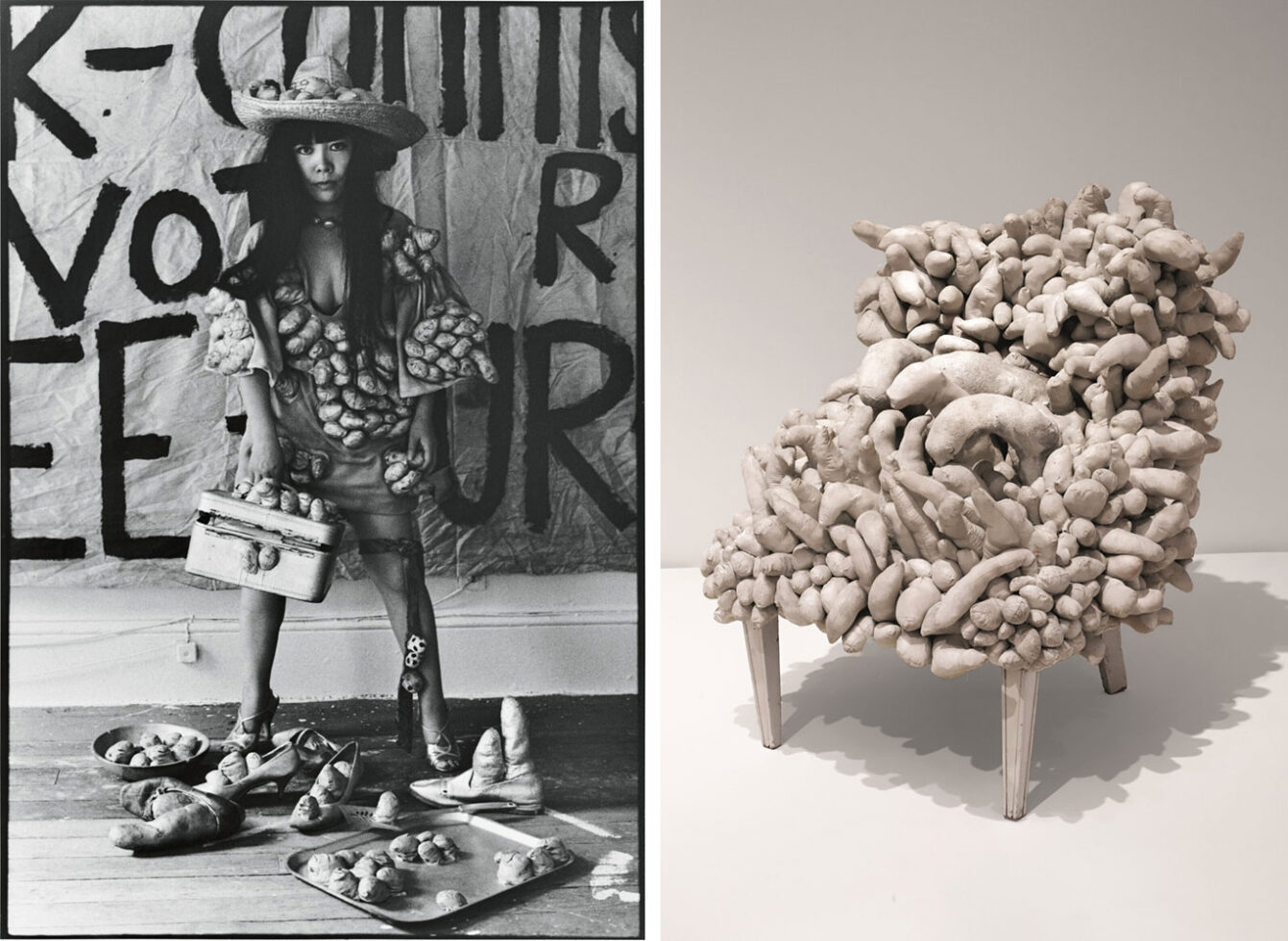 Left: Yayoi Kusama poses in 'Untitled (Dress)' with her phallic sculptures in her New York studio, 1971. Photo: Tom Haar. © YAYOI KUSAMA Right: Yayoi Kusama, 'Untitled (Chair)', 1963. Chair, sewn stuffed fabric and paint, 81 x 93 x 92 cm. Collection of the artist. © YAYOI KUSAMA
