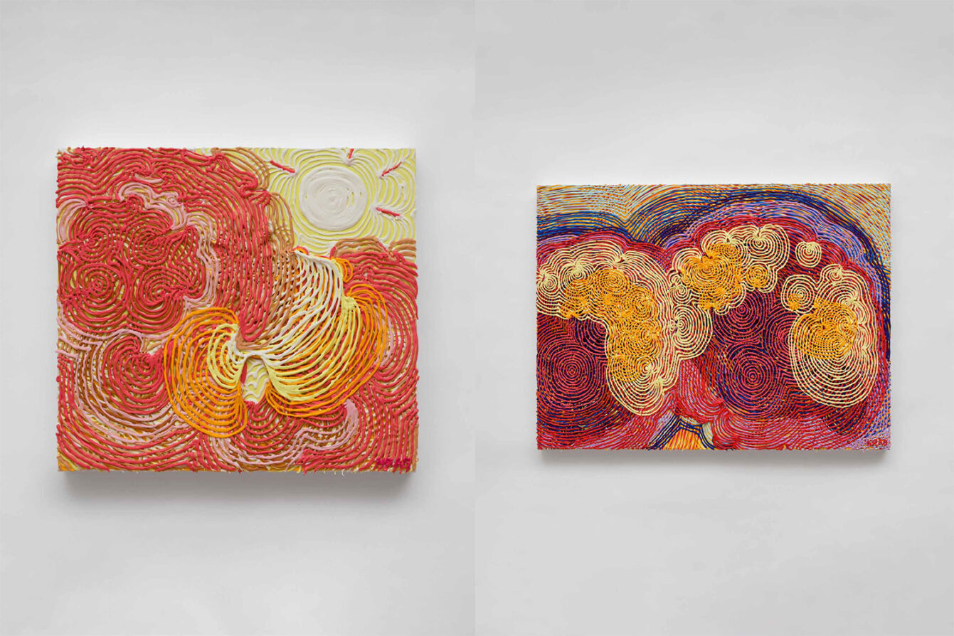 Left: Haas Brothers, Bright Sun and Palm Trees, 2026 , Acrylic medium and paint on canvas, 18 1/2 x 20 1/4 x 2 1/2 inches, 47 x 51.4 x 6.3 cm, © Haas Brothers, Courtesy the artists and Boesky Gallery Right: Haas Brothers, 3 Flowers, 2026 , Acrylic medium and paint on canvas, 30 1/2 x 40 1/2 inches, 77.5 x 102.9 cm, © Haas Brothers, Courtesy the artists and Boesky Gallery
