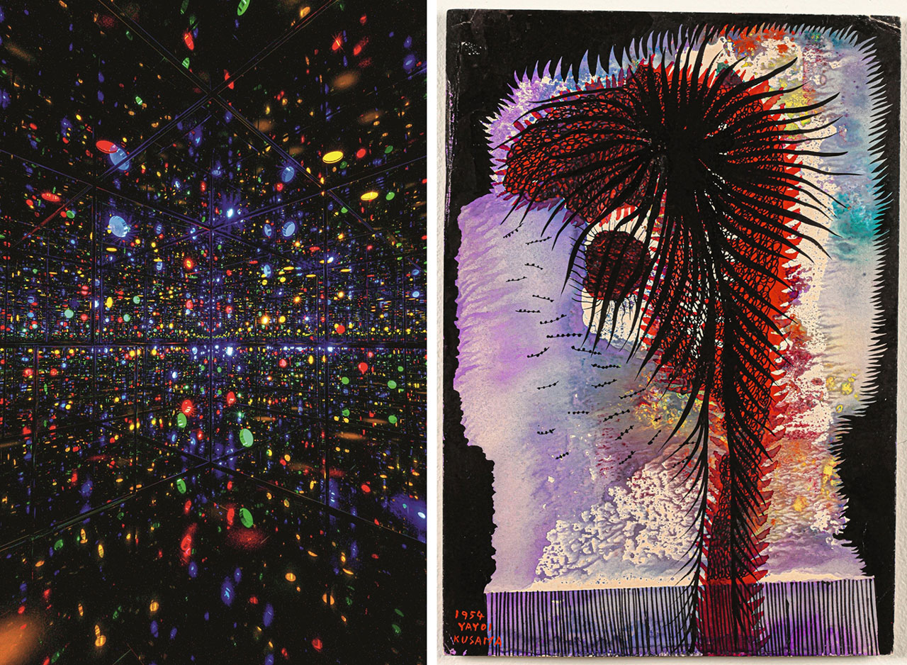 Left: Yayoi Kusama, Infinity Mirrored Room – 'Illusion Inside the Heart', 2025. Mirror-polished stainless steel with glass mirrors and colored acrylic, 300 × 300 × 300 cm, inside view. Collection of the artist. Courtesy of Ota Fine Arts. © YAYOI KUSAMA Right: Yayoi Kusama, 'Atomic Bomb', 1954. Gouache, ink and pastel on paper, 25 × 17.6 cm. Collection Matsumoto City Museum of Art. © YAYOI KUSAMA Left: Yayoi Kusama, Infinity Mirrored Room – 'Illusion Inside the Heart', 2025. Mirror-polished stainless steel with glass mirrors and colored acrylic, 300 × 300 × 300 cm, inside view. Collection of the artist. Courtesy of Ota Fine Arts. © YAYOI KUSAMA Right: Yayoi Kusama, 'Atomic Bomb', 1954. Gouache, ink and pastel on paper, 25 × 17.6 cm. Collection Matsumoto City Museum of Art. © YAYOI KUSAMA