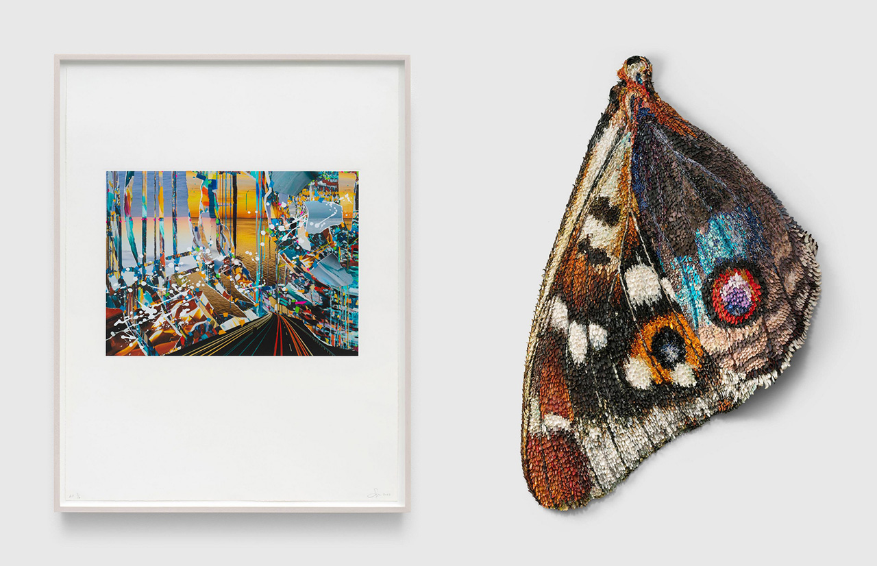 Left: Sarah Sze, The Then and The Now, 2023, Archival Inkjet print, silkscreen print, and collage on embossed Rives BFK paper, 28 3/4 x 37 1/2 inches (73 x 95.3 cm), Framed: 39 1/2 x 30 3/4 inches (100.3 x 78.1 cm), Edition of 50, 10 AP, Signed, dated, and numbered recto Right: Rebecca Manson, Common Buckeye, 2026, Porcelain, glaze, canvas, adhesive, thread, hardware, and pigment, 62 x 40 x 6 inches (157.5 x 101.6 x 15.2 cm)
