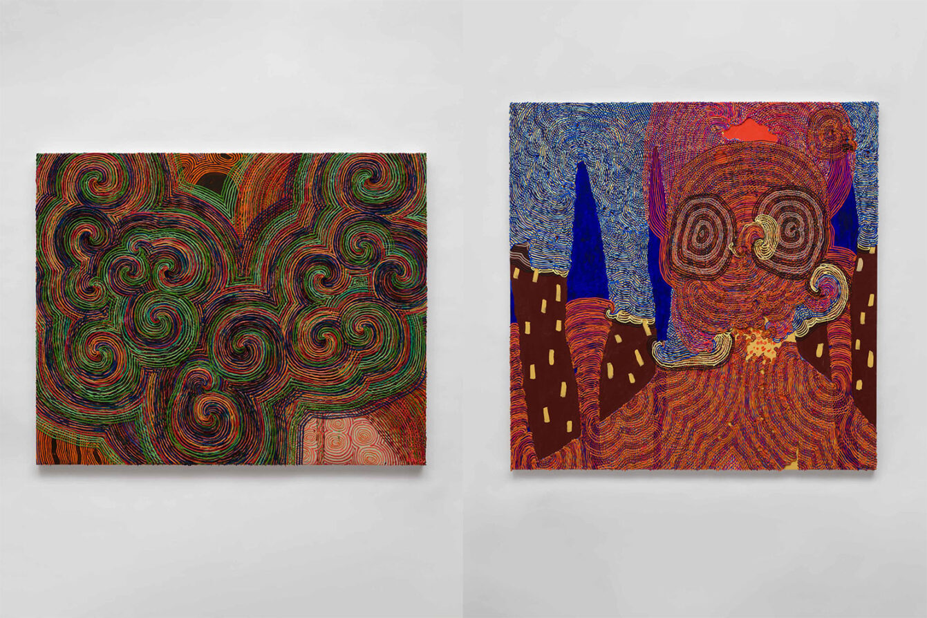 Left: Haas Brothers, Sunset Over a Lake, 2026, Acrylic medium and paint on canvas, 48 1/8 x 60 1/8 x 3 1/8 inches, 122.2 x 152.7 x 7.9 cm, © Haas Brothers, Courtesy the artists and Boesky Gallery Right: Haas Brothers, Landscape with Blue Trees, 2026 , Acrylic medium and paint on canvas, 72 1/2 x 72 1/2 x 3 1/2 inches, 184.2 x 184.2 x 8.9 cm, © Haas Brothers, Courtesy the artists and Boesky Gallery