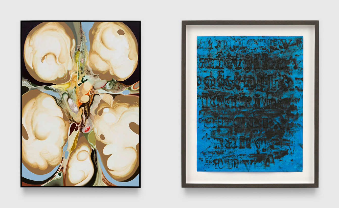 Left: Robert Zehnder , Five Star Figure 2, 2026, Oil on canvas on panel, 84 x 60 inches (213.4 x 152.4 cm), Framed: 85 7/8 x 61 1/2 inches (218.1 x 156.2 cm), Signed and dated verso Right: Glenn Ligon, Study for Blue (for JB) #18, 2026, Carbon, graphite, and acrylic on Kozo paper, 13 1/2 x 10 1/2 inches (34.3 x 26.7 cm), Framed: 16 3/4 x 13 3/4 inches (42.5 x 34.9 cm), Signed, titled, and dated verso