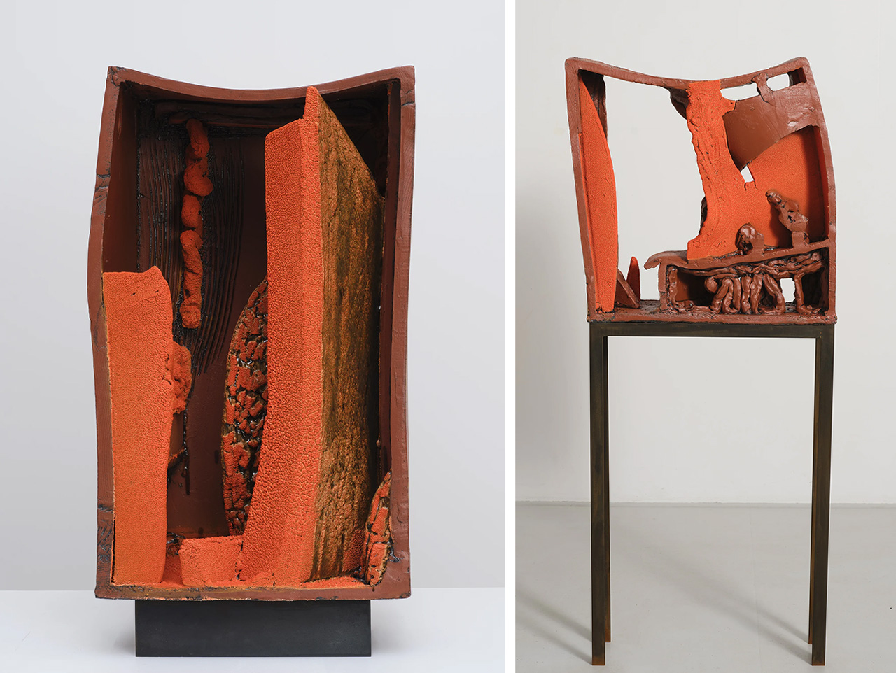 Left: Arlene Shechet, Touching Ground: Silhouettes, 2026, Terra sigillata, glazed ceramic and steel, Overall: 27-1/4" × 14-5/8" × 10-5/8" (69.2 cm × 37.1 cm × 27 cm) Sculpture: 24-1/4" × 14-5/8" × 10-5/8" (61.6 cm × 37.1 cm × 27 cm) Stand: 3" × 10-7/8" × 6-3/8" (7.6 cm × 27.6 cm × 16.2 cm), © Arlene Shechet, Courtesy the artist and Pace Gallery Right: Arlene Shechet,Touching Ground: Statues and Vases , 2026, Terra sigillata, glazed ceramic and steel, Overall: 55-3/16" × 23-1/2" × 8-1/2" (140.2 cm × 59.7 cm × 21.6 cm) Sculpture: 23-3/16" × 23-1/2" × 8-1/2" (58.9 cm × 59.7 cm × 21.6 cm) Stand: 32" × 21-3/16" × 6-5/8" (81.3 cm × 53.8 cm × 16.8 cm) , © Arlene Shechet, Courtesy the artist and Pace Gallery