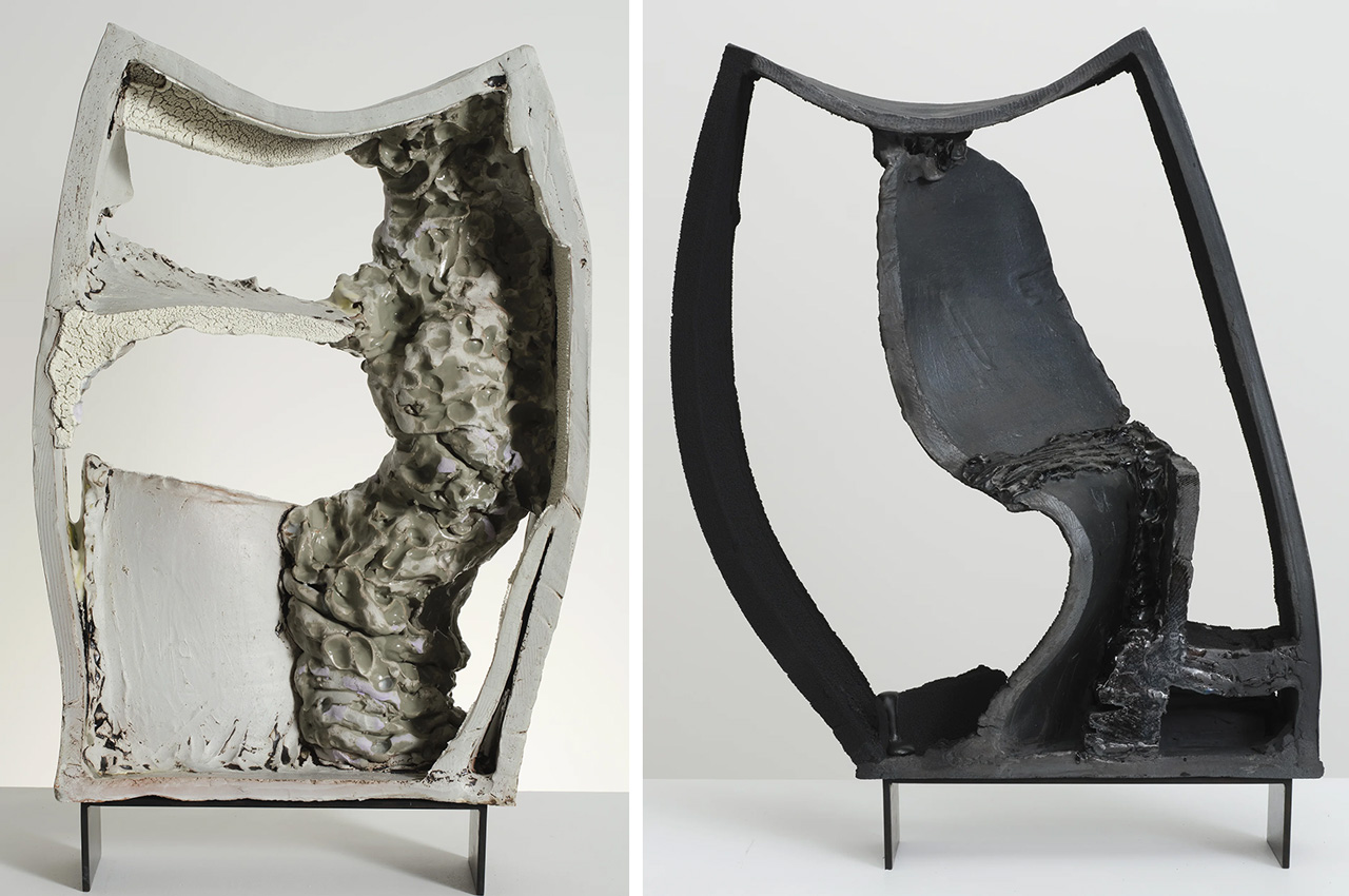 Left: Arlene Shechet, Touching Ground: Forever Fontana, 2026, Terra sigillata, glazed ceramic and steel, Overall: 27-1/2" × 17-1/2" × 7-1/4" (69.9 cm × 44.5 cm × 18.4 cm) Sculpture: 24-1/2" × 17-1/2" × 7-1/4" (62.2 cm × 44.5 cm × 18.4 cm) Stand: 3" × 12-15/16" × 4-1/2" (7.6 cm × 32.9 cm × 11.4 cm), © Arlene Shechet, Courtesy the artist and Pace Gallery Right: Arlene Shechet, Touching Ground: Statue, 2026, Terra sigillata, glazed ceramic and steel , Overall: 26-5/8" × 20-1/2" × 8" (67.6 cm × 52.1 cm × 20.3 cm) Sculpture: 23-3/8" × 20-1/2" × 8" (59.4 cm × 52.1 cm × 20.3 cm) Stand: 3-1/4" × 12-13/16" × 4-1/2" (8.3 cm × 32.5 cm × 11.4 cm) , © Arlene Shechet, Courtesy the artist and Pace Gallery