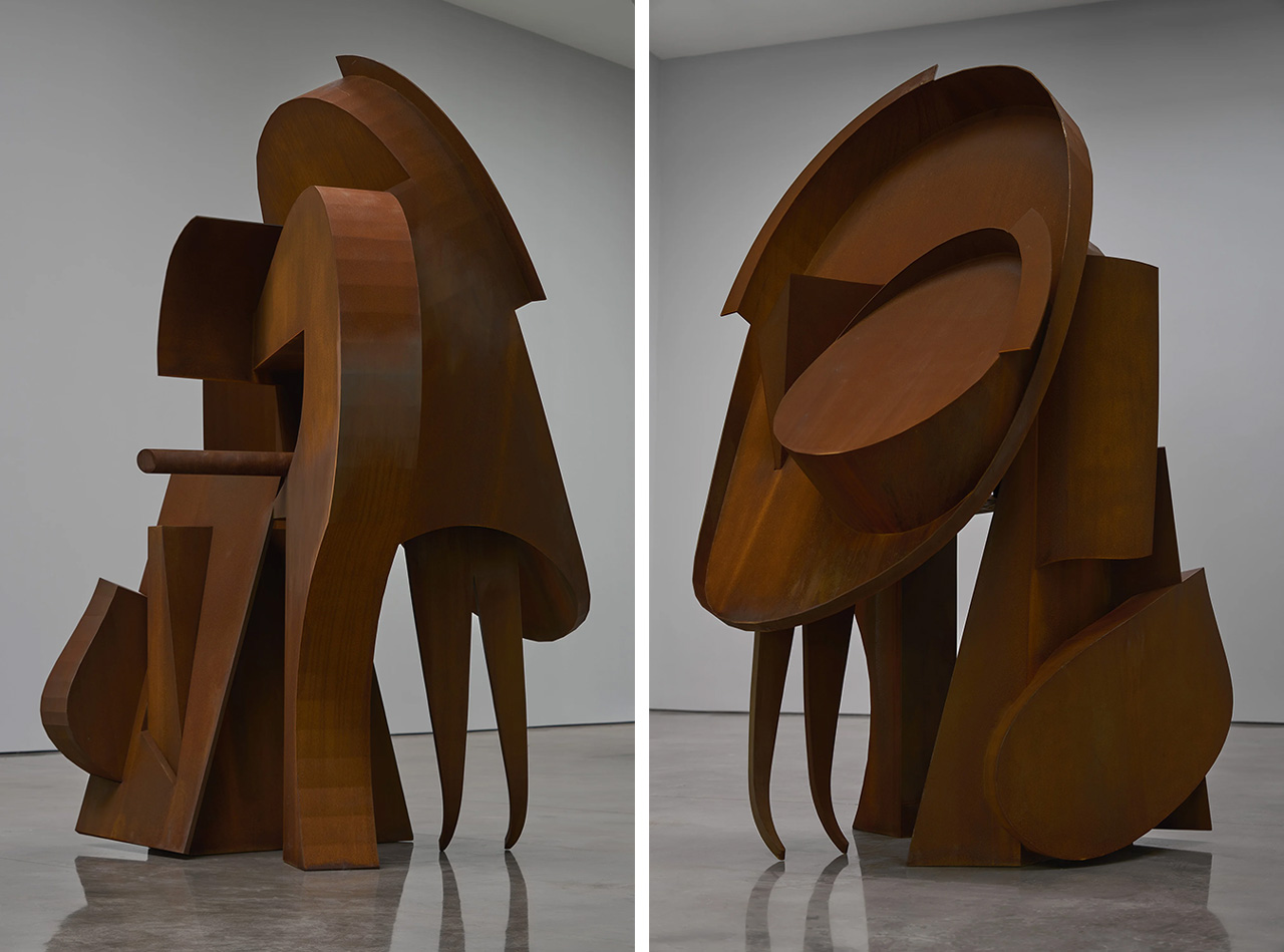 Left & Right: Arlene Shechet, Flo, 2026, Corten steel, 10' 1-1/4" × 7' 1" × 6' 8-1/2" (308 cm × 215.9 cm × 204.5 cm), © Arlene Shechet, Courtesy the artist and Pace Gallery