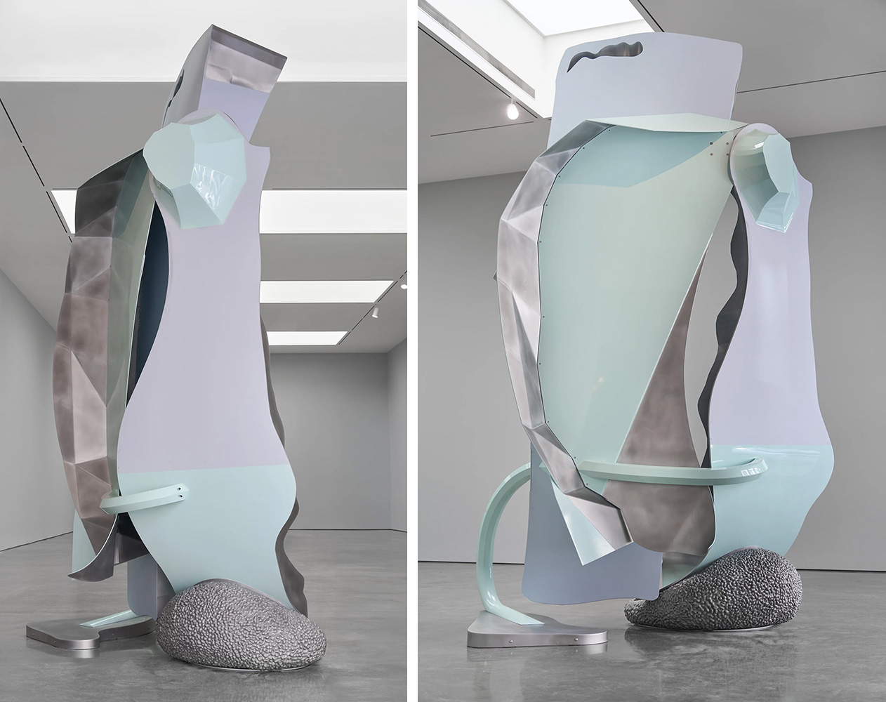 Left & Right: Arlene Shechet, Eve, 2026, welded and cast aluminum and epoxy-urethane paint system, 16' × 9' 2" × 7' 6" (487.7 cm × 279.4 cm × 228.6 cm), © Arlene Shechet, Courtesy the artist and Pace Gallery