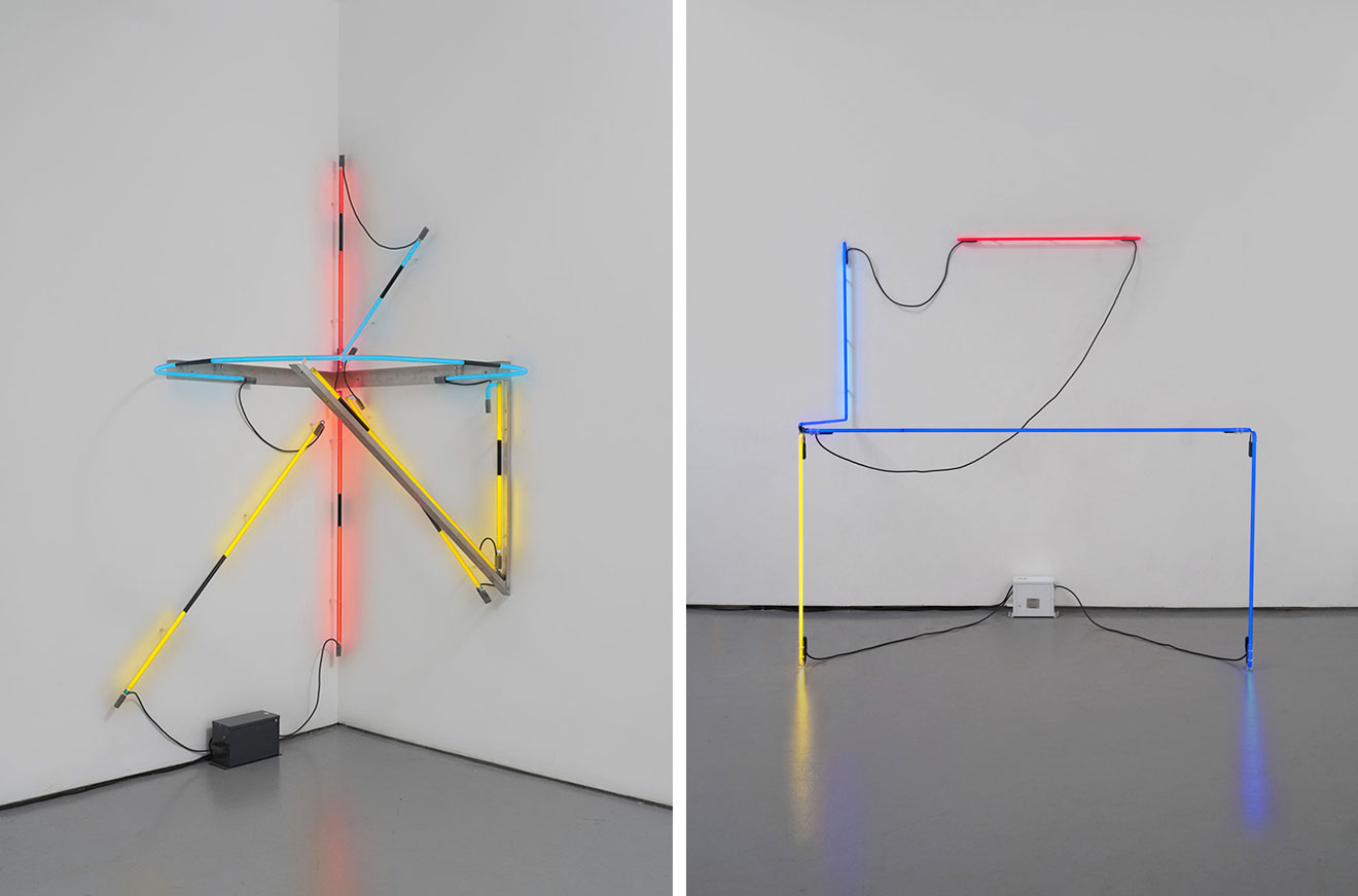 Left: Keith Sonnier, Untitled Neon Corner Piece, 1969, neon, aluminum, paint, and transformer 107 x 52 x 52 inches (271.8 x 132.1 x 132.1 cm), © 2024 Estate of Keith Sonnier/Artists Rights Society (ARS), New York, Courtesy Estate of Keith Sonnier and David Kordansky Gallery Right: Keith Sonnier, Neon Wrapping Neon V, 1969, neon and transformer, 75 x 73 x 36 1/2 inches (190.5 x 185.4 x 92.7 cm), © 2024 Estate of Keith Sonnier/Artists Rights Society (ARS), New York, Courtesy Estate of Keith Sonnier and David Kordansky Gallery