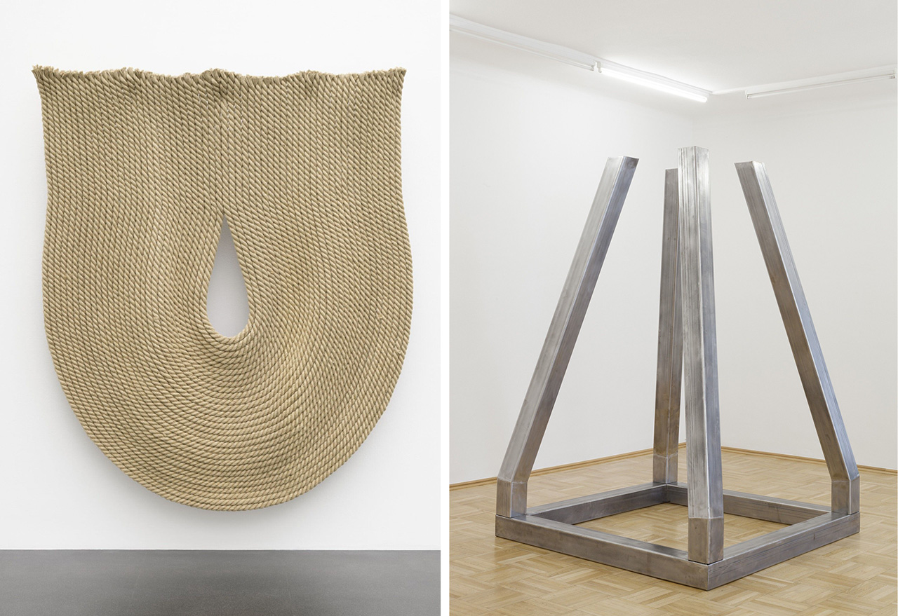 Left: Michał Budny, Tear, 2017. Twin jute rope, wire, 230 x 195 x 4 cm. Photo: Marc Latzel. Courtesy of Michał Budny and Annex14, Zurich Right: Michał Budny, The Song of Skull I, 2017. Carbon steel, 260 x 180 x 180 cm. Photo: © Markus Wörgötter/Bildrecht, Wien 2026. Courtesy of Michał Budny and Galerie nächst St. Stephan Rosemarie Schwarzwälder, Vienna