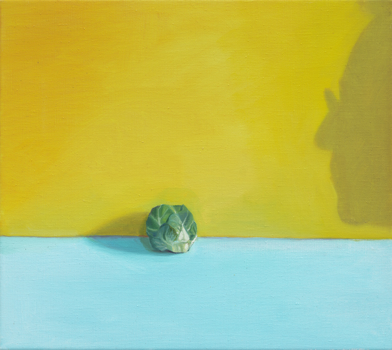 Allison Katz, Brussels sprout (and Philip) No. 4, 2025, Oil on linen, 16 3/4 x 16 1/8 inches (42.5 x 41 cm), © Allison Katz, Photo: Eva Herzog, Courtesy the artist and Hauser & Wirth