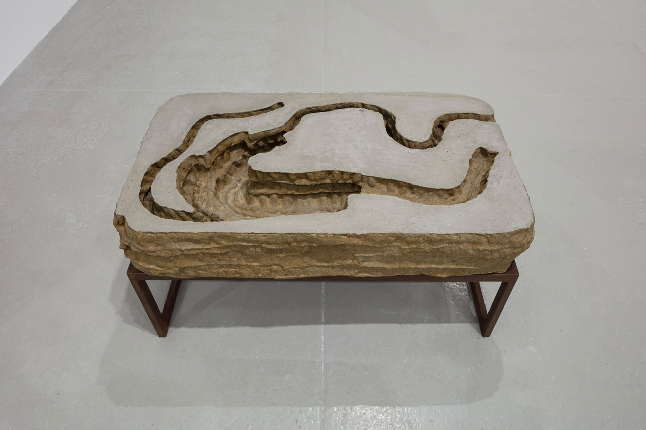 Anna Maria Maiolino, Untitled, from Híbridos (Hybrid) series, 2014, Molded pigmented cement on metal table, 47 x 95 x 56 cm / 18 1/2 x 37 3/8 x 22 in, © Anna Maria Maiolino, Courtesy the artist and Hauser & Wirth Gallery