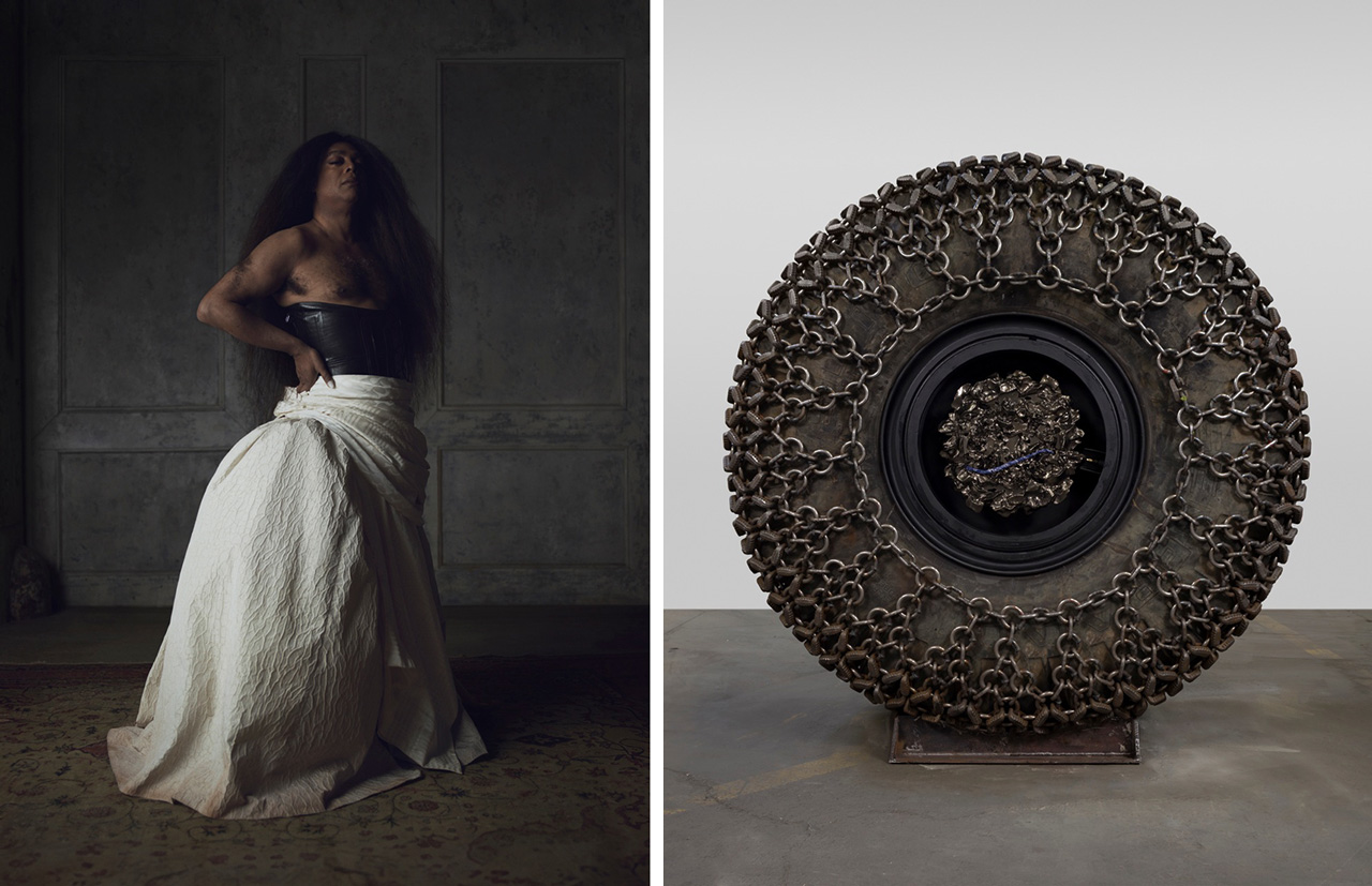 Left: Arthur Jafa, La Scala, 2018. Epson fine art print face-mounted to Diasec acrylic on aluminum panel, 78 × 57 in (198.1 × 144.8 cm). © Arthur Jafa. Courtesy the artist and Gladstone Right: Arthur Jafa, Big Wheel VI, 2018. Chains, rim, hubcap, tire, 101 × 101 × 41 in (256.5 × 256.5 × 104.1 cm). Glenstone Musuem, Potomac, MD. © Arthur Jafa. Courtesy the artist and Gladstone