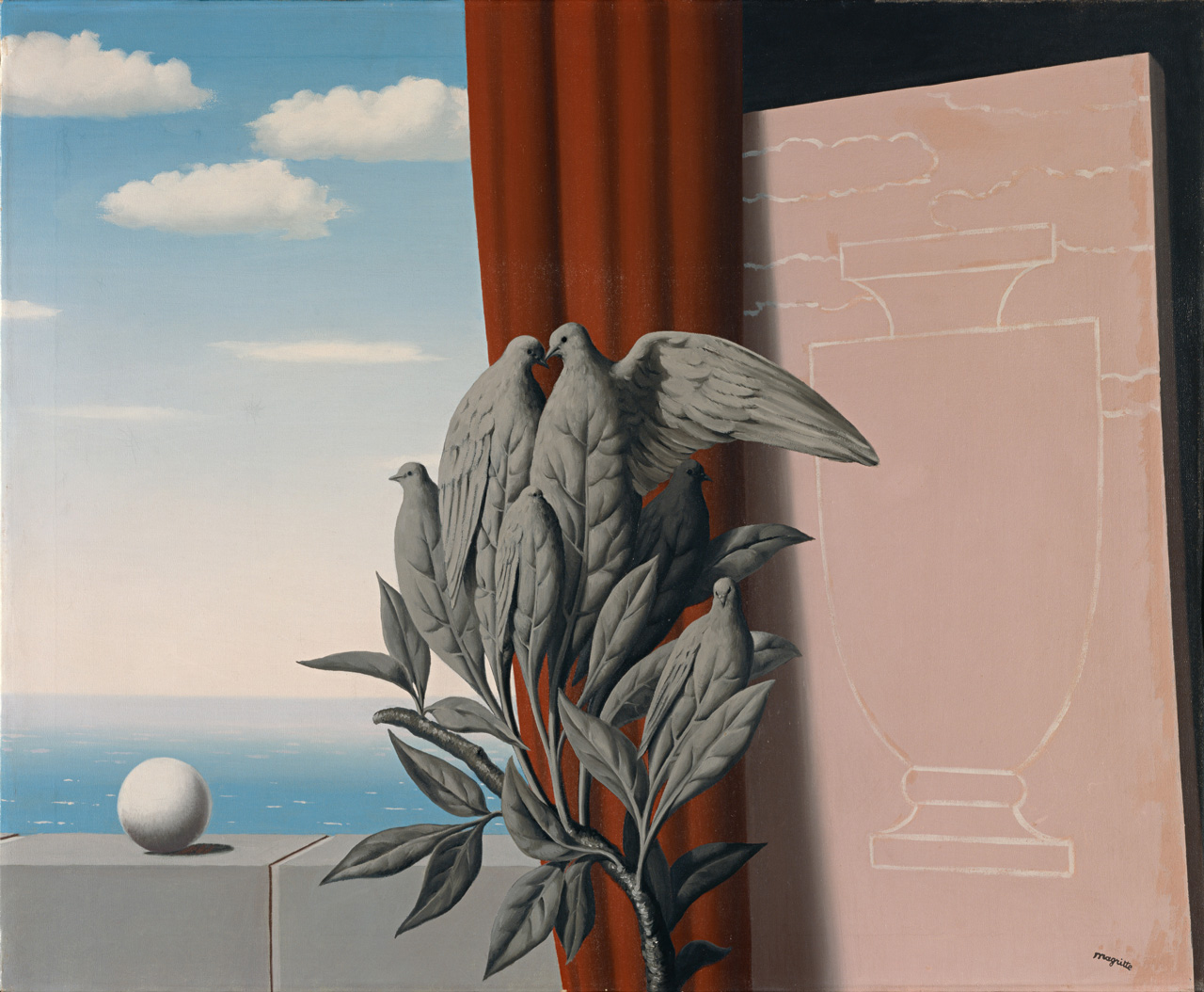 René Magritte, L’Équateur (The Equator), 1942, Oil on canvas, 23 1/2 x 28 3/4 inches (59.5 x 73 cm), © 2026 ADAGP, Paris and DACS, London, Photo: Jochen Littkemann, Donation of the Ulla and Heiner Pietzsch Collection to the State of Berlin / Nationalgalerie, 2010