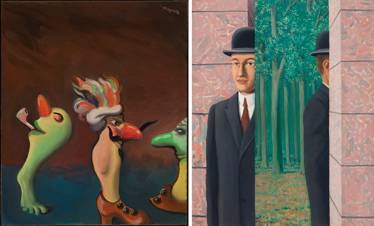 Left: René Magritte, La Marche triomphale (The Triumphant March), 1948, Oil on canvas, 25 5/8 x 21 1/4 inches (65 x 54 cm), © 2026 ADAGP, Paris and DACS, London, Private Collection, Courtesy Brachot Gallery Right: René Magritte, Le Lieu commun (The Commonplace), 1964, Oil on canvas, 39 3/8 x 31 7/8 inches (100 x 81 cm), © 2026 ADAGP, Paris and DACS, London, Private Collection