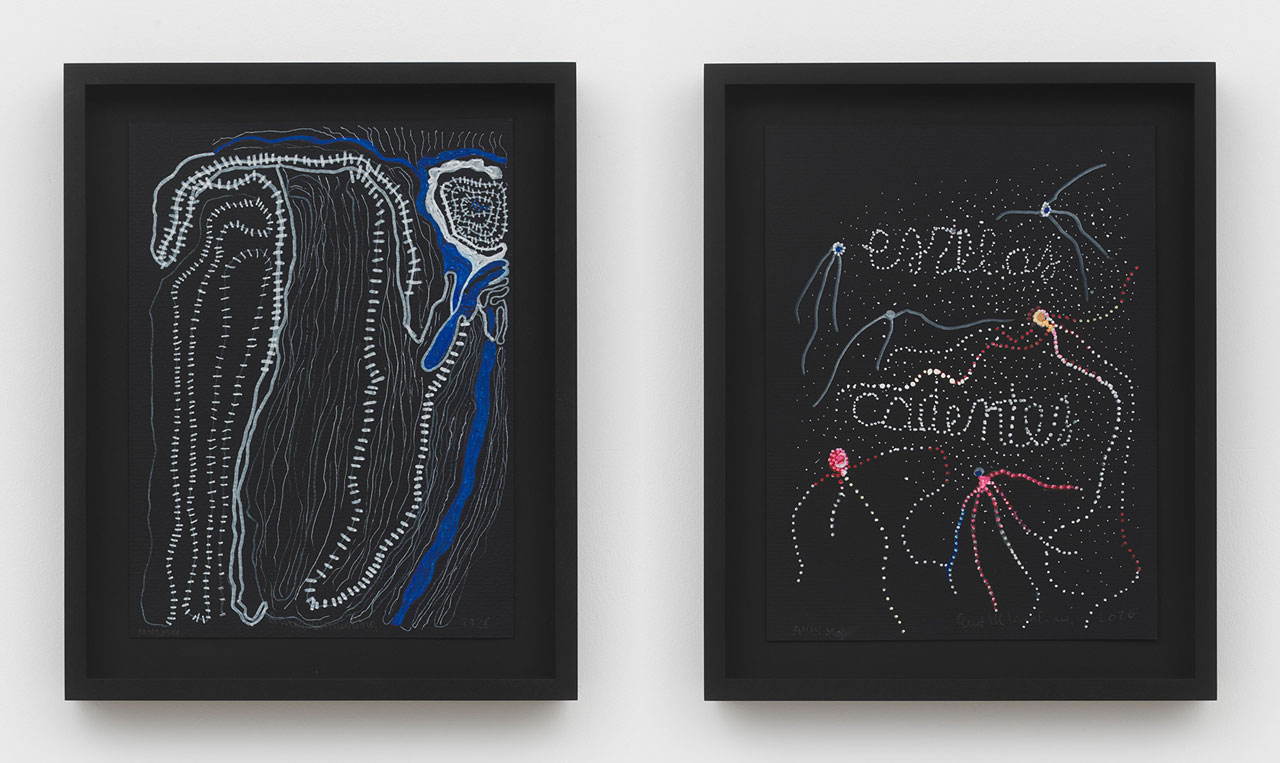 Left: Anna Maria Maiolino, Untitled, from Na Noite - No Escuro (At Night - In the Dark) series, 2026, Permanent marker on paper, 30.5 x 22.9 cm / 12 x 9 inches 37.5 x 30.2 x 3.8 cm / 14 3/4 x 11 7/8 x 1 1/2 inches (framed), © Anna Maria Maiolino, Photo: Object Studies, Courtesy the artist and Hauser & Wirth Gallery Right: Anna Maria Maiolino, Untitled, from Na Noite - No Escuro (At Night - In the Dark) series, 2026, Permanent marker on paper, 30.5 x 22.9 cm / 12 x 9 inches 37.5 x 30.2 x 3.8 cm / 14 3/4 x 11 7/8 x 1 1/2 inches (framed), © Anna Maria Maiolino, Courtesy the artist and Hauser & Wirth Gallery