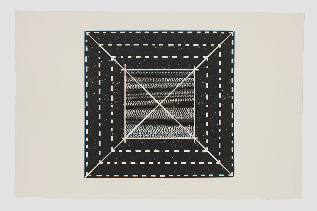 Anna Maria Maiolino, Ao Infinito (To the Infinite), 1971, Aquatint on paper, Edition 21/30 + 5 AP , 50.2 x 77.5 cm / 19 3/4 x 30 1/2 inches 57.8 x 84.5 x 3.8 cm / 22 3/4 x 33 1/4 x 1 1/2 inches (framed), © Anna Maria Maiolin0, oPhoto: Genevieve Hanson, Courtesy the artist and Hauser & Wirth Gallery