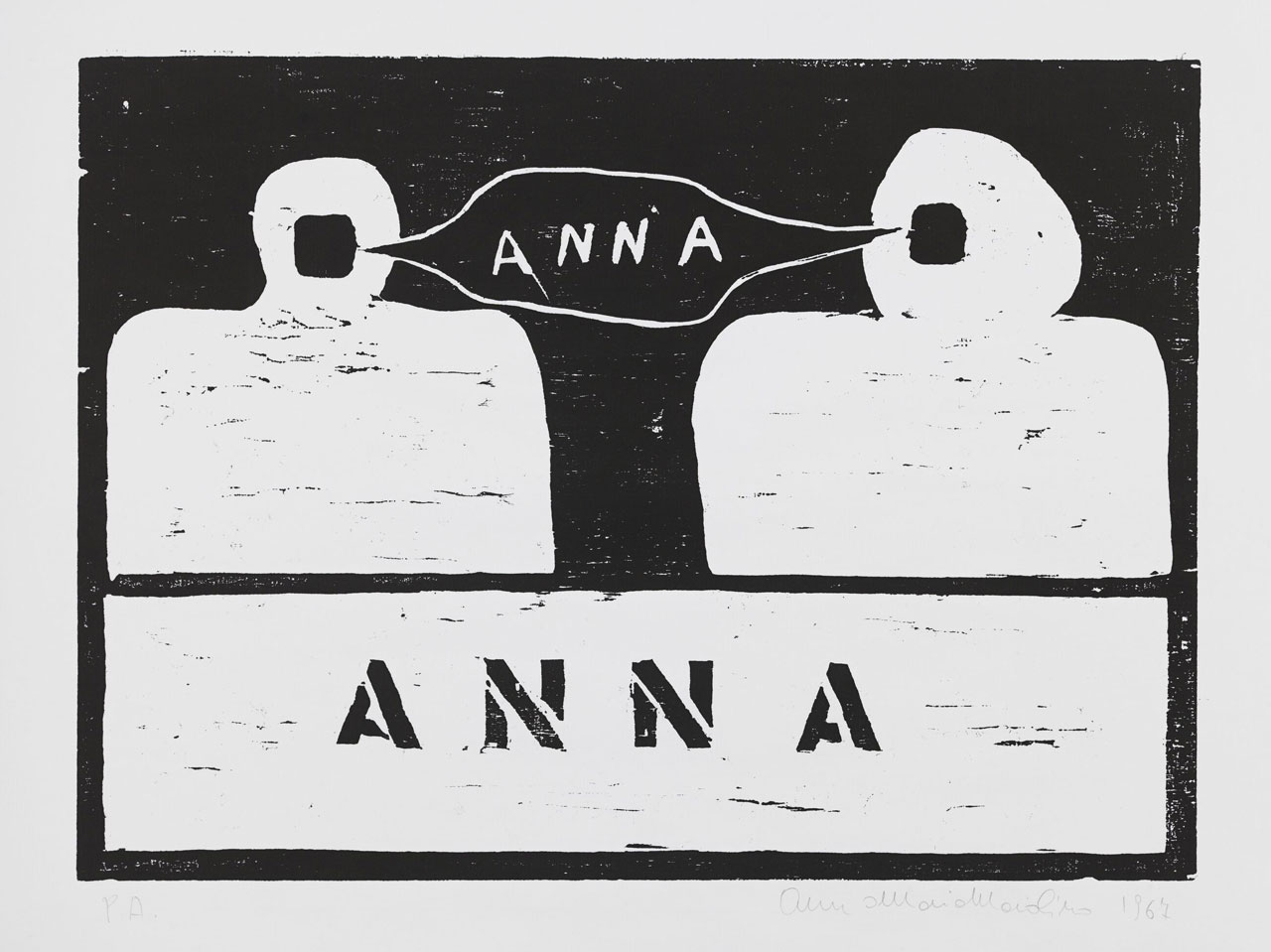 Anna Maria Maiolino, ANNA, 1967, Woodcut, AP, Edition of 20, 65.7 x 47.3 cm / 25 7/8 x 18 5/8 inches 73.3 x 54.9 x 3.8 cm / 28 7/8 x 21 5/8 x 1 1/2 inches (framed), © Anna Maria Maiolino, Photo: Genevieve Hanson, Courtesy the artist and Hauser & Wirth Gallery