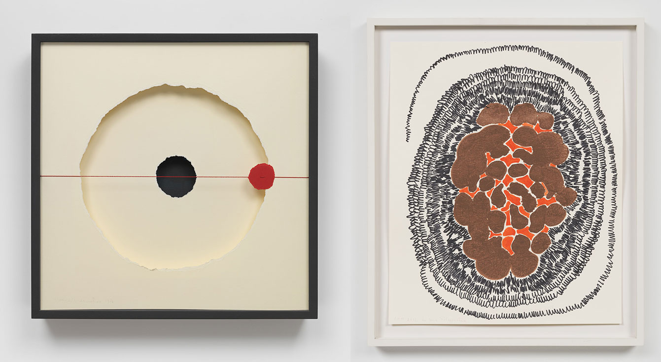 Left: Anna Maria Maiolino, Untitled, from the Desenhos Objetos (Drawing Objects) series, 1976/2012, Thread on paper in wooden box, 56 x 56 x 10 cm / 22 x 22 x 3 7/8 in, © Anna Maria Maiolino, Courtesy the artist and Hauser & Wirth Gallery Right: Anna Maria Maiolino, Untitled, from Filogenéticos (Phylogenetics) series, 2018, Acrylic ink on paper, 40.5 x 33.5 cm / 16 x 13 1/4 inches 46.5 x 39.5 x 4 cm / 18 1/4 x 15 1/2 x 1 5/8 inches (framed), © Anna Maria Maiolino, Courtesy the artist and Hauser & Wirth Gallery
