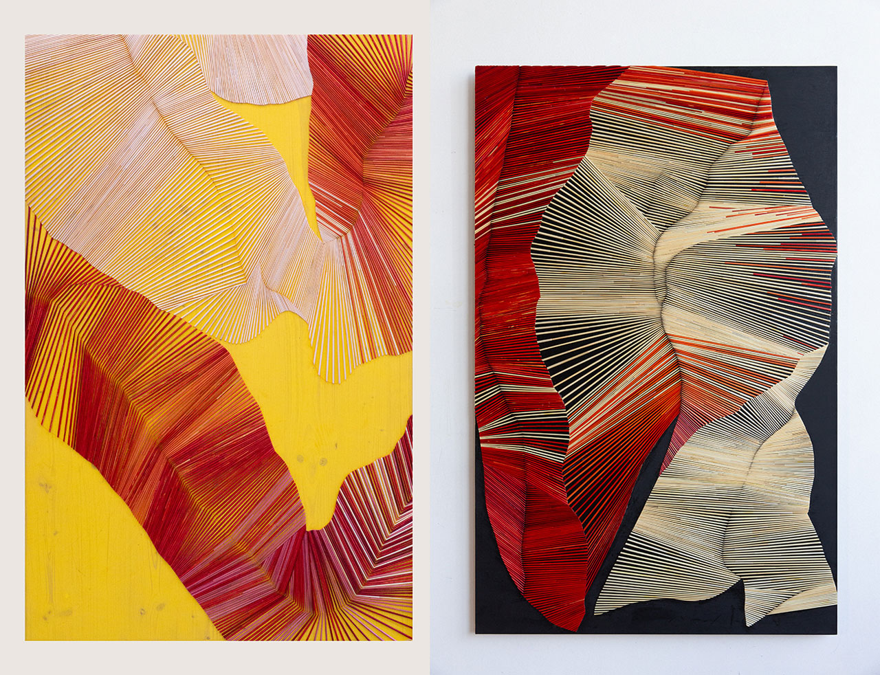 Left: Olaf Holzapfel, Fluß, 2019, Hand-dyed straw, wood, 192 x 131 cm, © Olaf Holzapfel, Courtesy the artist and Xippas Gallery Right: Olaf Holzapfel, Mercy, 2026 Rye straw on wood and India ink, 150 x 95 cm, © Olaf Holzapfel, Courtesy the artist and Xippas Gallery