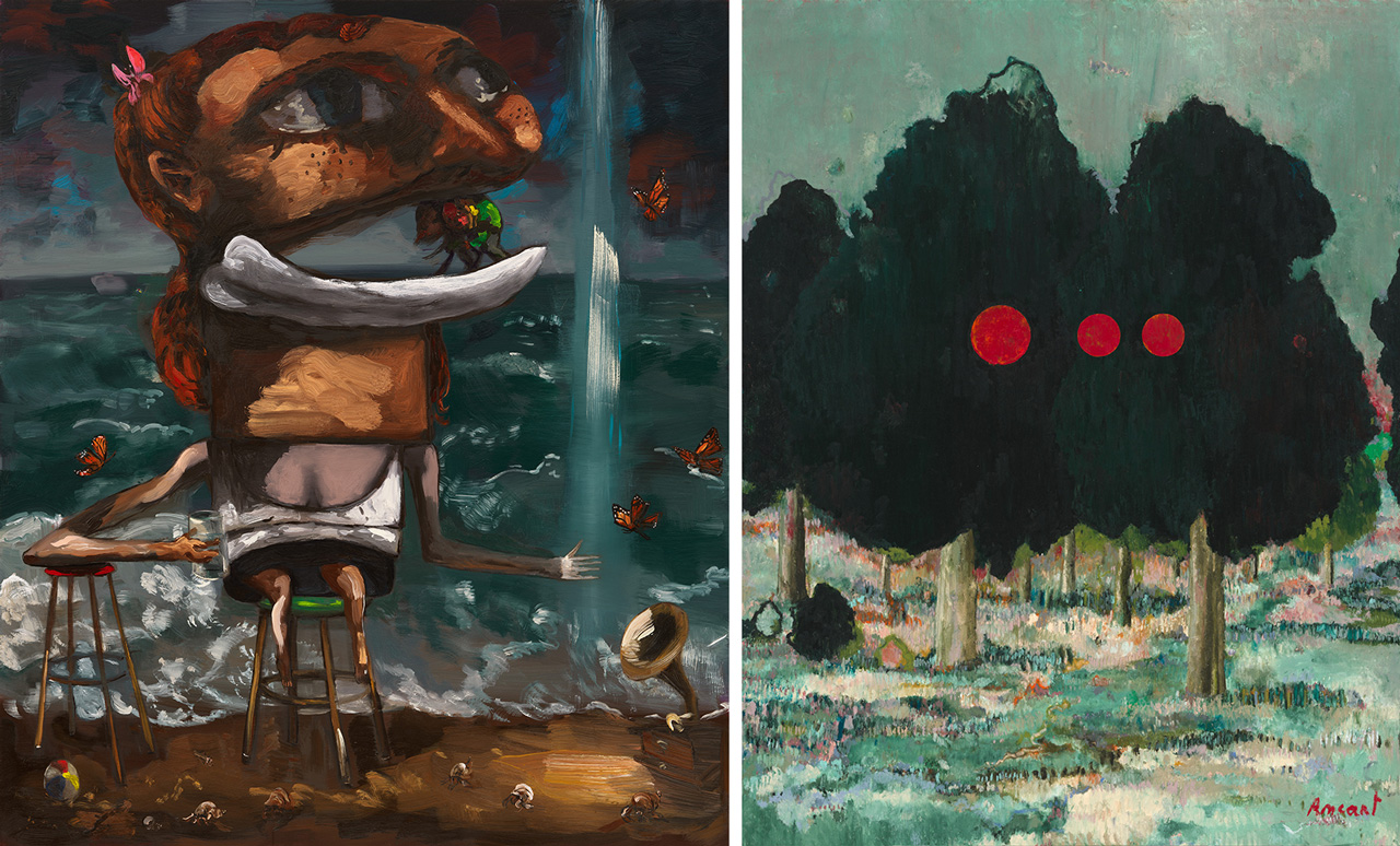 Left: Dana Schutz, The Singer, 2026, Oil on canvas, 80 x 69 inches (203.2 x 175.3 cm), © Dana Schutz, Photo: Stephen Arnold, Courtesy the artist, David Zwirner, Contemporary Fine Arts, Berlin and Thomas Dane Gallery Right: Harold Ancart, Le Banquet, 2026, Oil on canvas, 67 x 52 inches (170.2 x 132.1 cm), © Harold Ancart, Photo: JSP Art Photography, Courtesy the artist and Gagosian