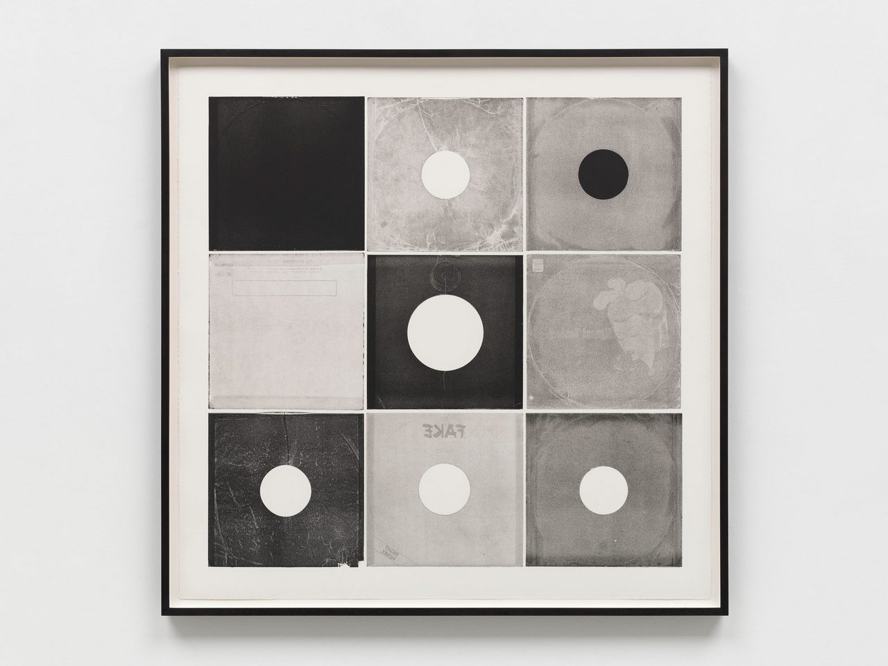 Christian Marclay, Sleeves and Covers (Nine 12”/No 47), 2025, Unique monotype on Somerset paper, 105.5 x 105.5 cm | 41 1/2 x 41 1/2 in., 111.4 x 111.4 x 4.5 cm | 43 3/4 x 43 3/4 x 1 3/4 in. (framed), © Christian Marclay, Courtesy the artist and White Cube Gallery