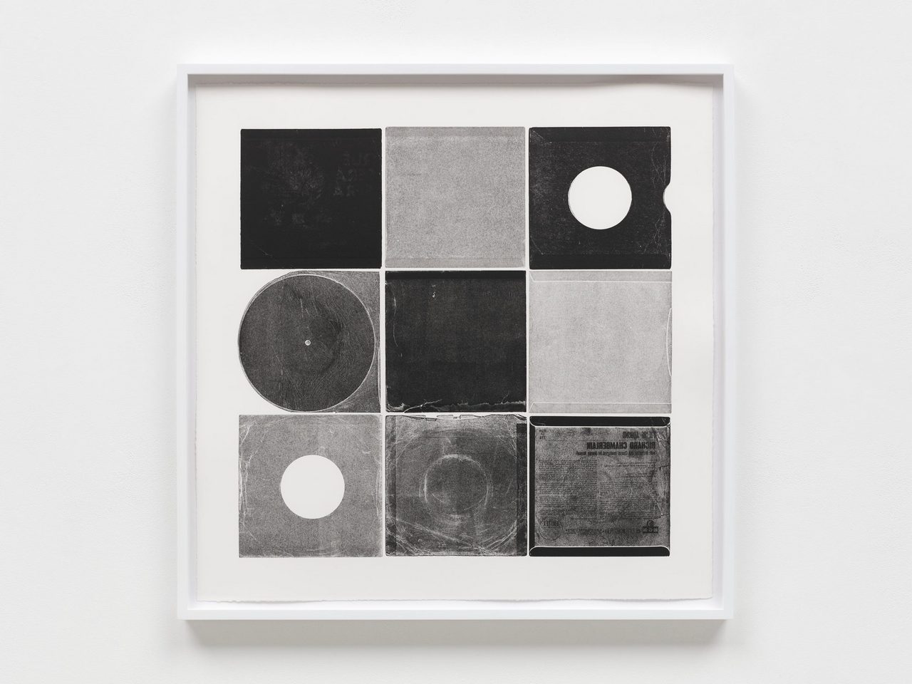 Christian Marclay, Sleeves and Covers (Nine 7”/No 3), 2025, Unique monotype on Somerset paper, 66 x 66 cm | 26 x 26 in., 70.9 x 70.9 x 4 cm | 28 x 28 x 1 1/2 in. (framed), © Christian Marclay, Courtesy the artist and White Cube Gallery
