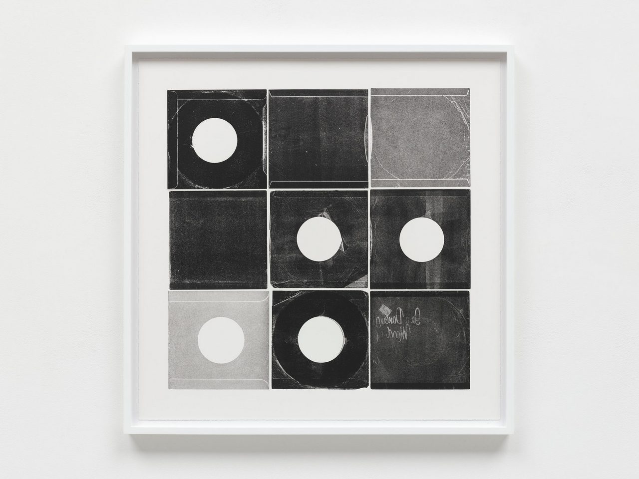 Christian Marclay, Sleeves and Covers (Nine 7”/No 4), 2025, Unique monotype on Somerset paper, 66 x 66 cm | 26 x 26 in., 70.9 x 70.9 x 4 cm | 28 x 28 x 1 1/2 in. (framed), © Christian Marclay, Courtesy the artist and White Cube Gallery