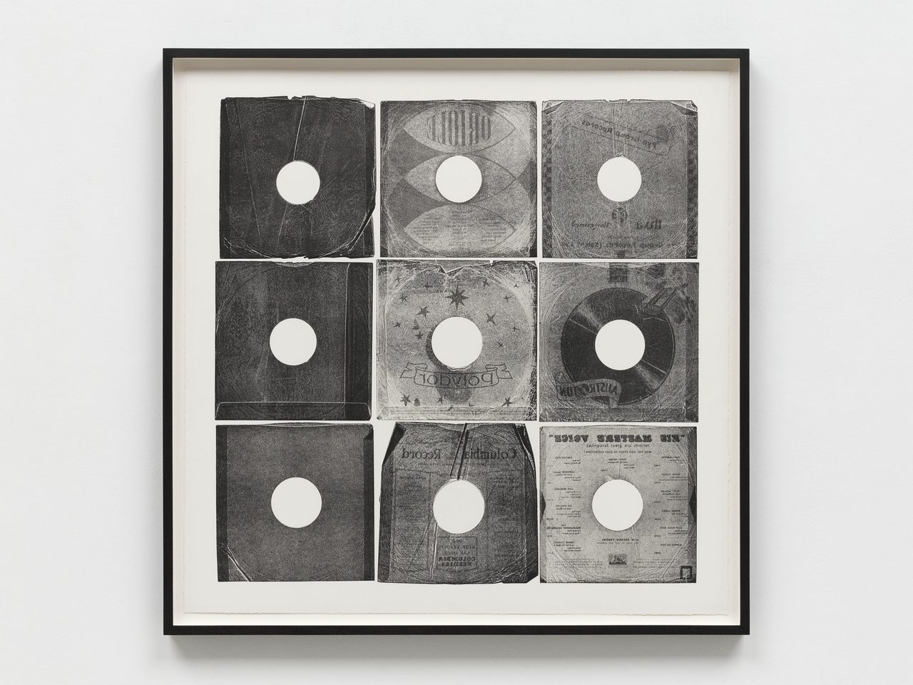 Christian Marclay, Sleeves and Covers (Nine 10”/No 45), 2025, Unique monotype on Somerset paper, 88.3 x 88.3 cm | 34 3/4 x 34 3/4 in., 94.5 x 94.5 x 4.5 cm | 37 1/4 x 37 1/4 x 1 3/4 in. (framed), © Christian Marclay, Courtesy the artist and White Cube Gallery