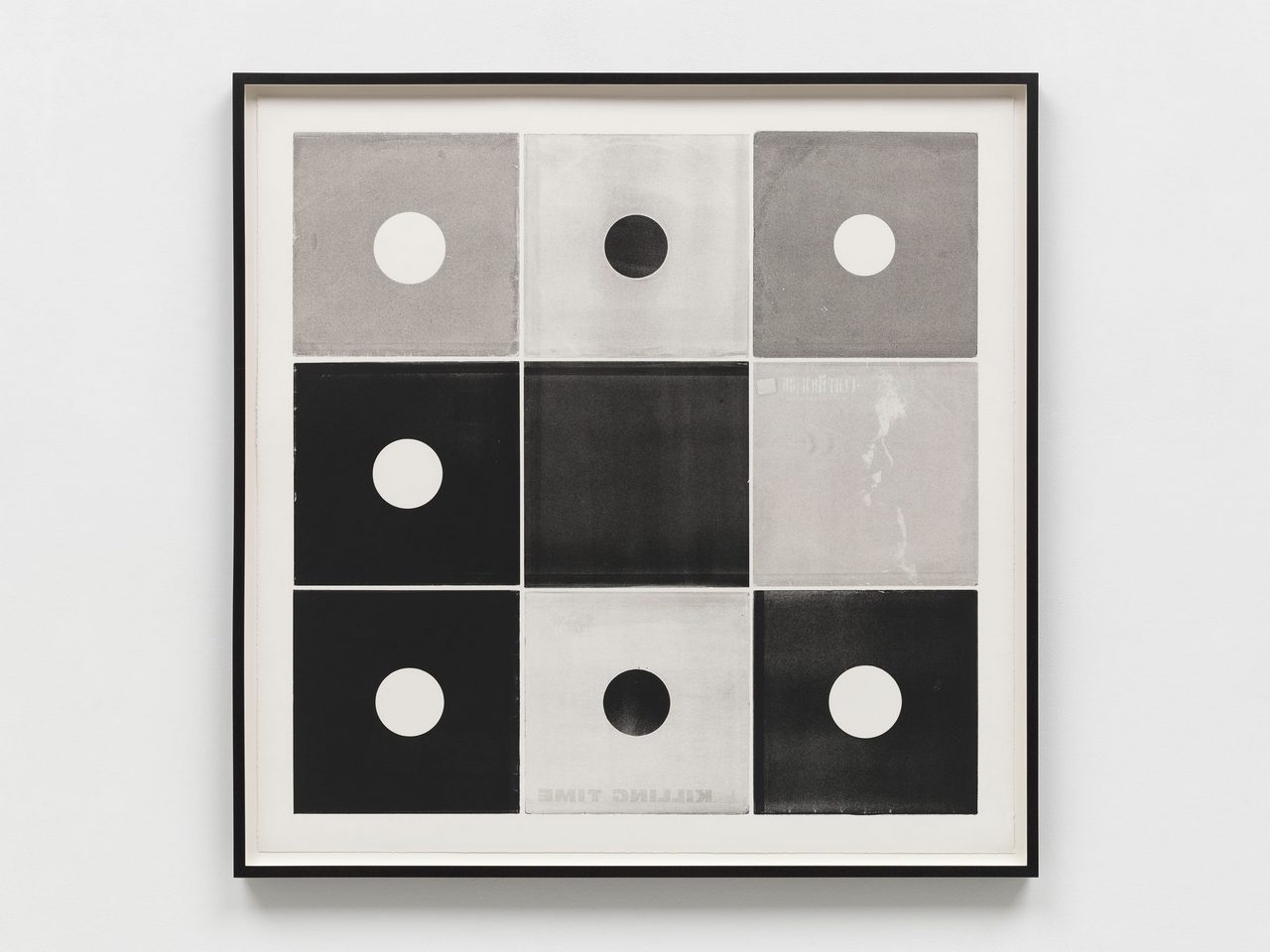 Christian Marclay, Sleeves and Covers (Nine 12”/No 54), 2025, Unique monotype on Somerset paper, 105.5 x 105.5 cm | 41 1/2 x 41 1/2 in., 111.4 x 111.4 x 4.5 cm | 43 3/4 x 43 3/4 x 1 3/4 in. (framed), © Christian Marclay, Courtesy the artist and White Cube Gallery