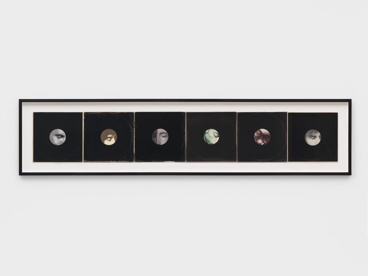 Christian Marclay, Oculi (Listening Men), 2026, Six record covers and sleeves, 31.5 x 188.5 cm | 12 1/2 x 74 1/4 in., 47.1 x 204.2 x 4.5 cm | 18 1/2 x 80 1/2 x 1 3/4 in. (framed), © Christian Marclay, Courtesy the artist and White Cube Gallery