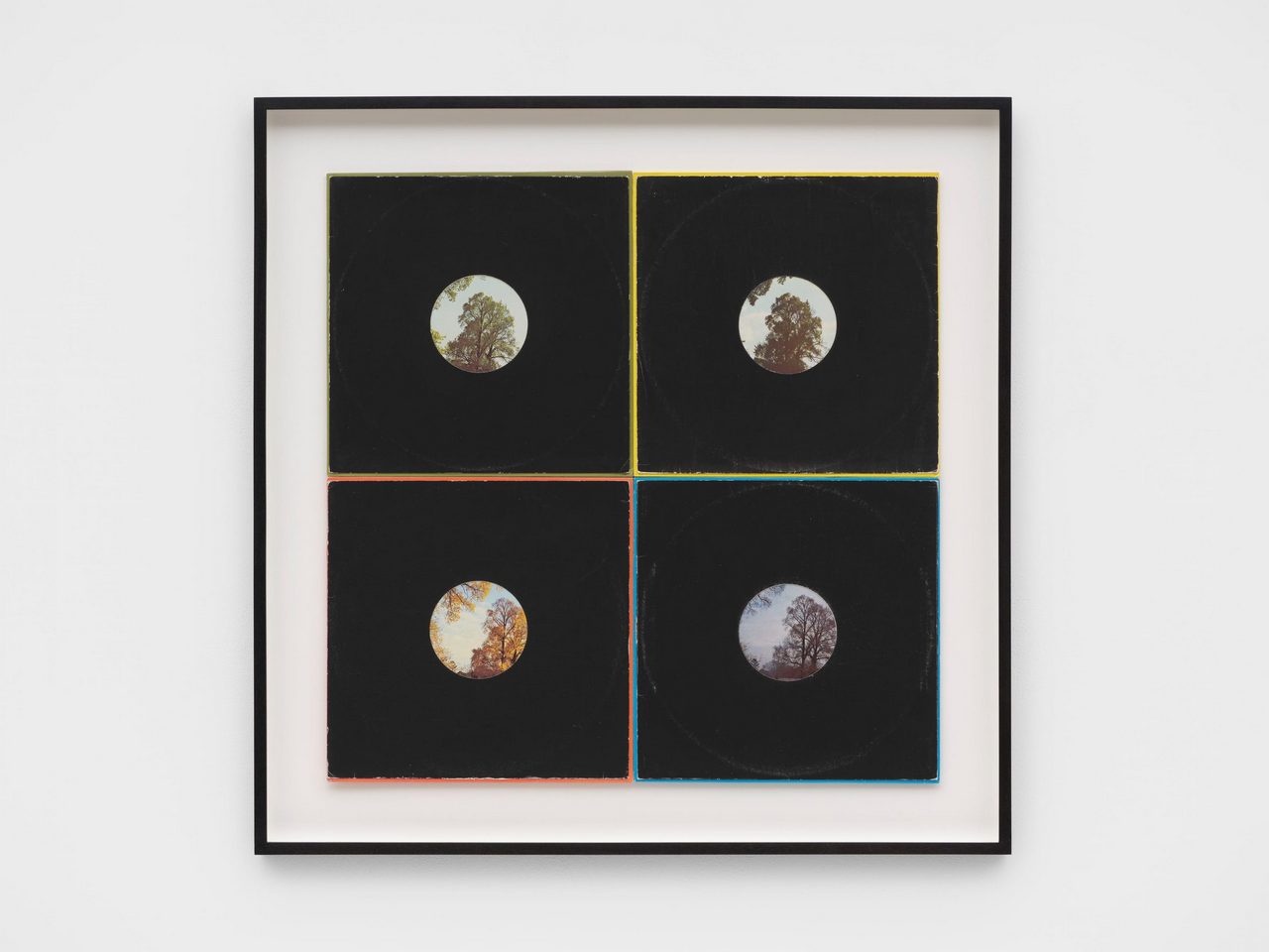 Christian Marclay, Oculi (One Year), 2026, Four record covers and sleeves, 62.7 x 62.7 cm | 24 3/4 x 24 3/4 in., 77.2 x 77.2 x 4 cm | 30 1/2 x 30 1/2 x 1 1/2 in. (framed), © Christian Marclay, Courtesy the artist and White Cube Gallery