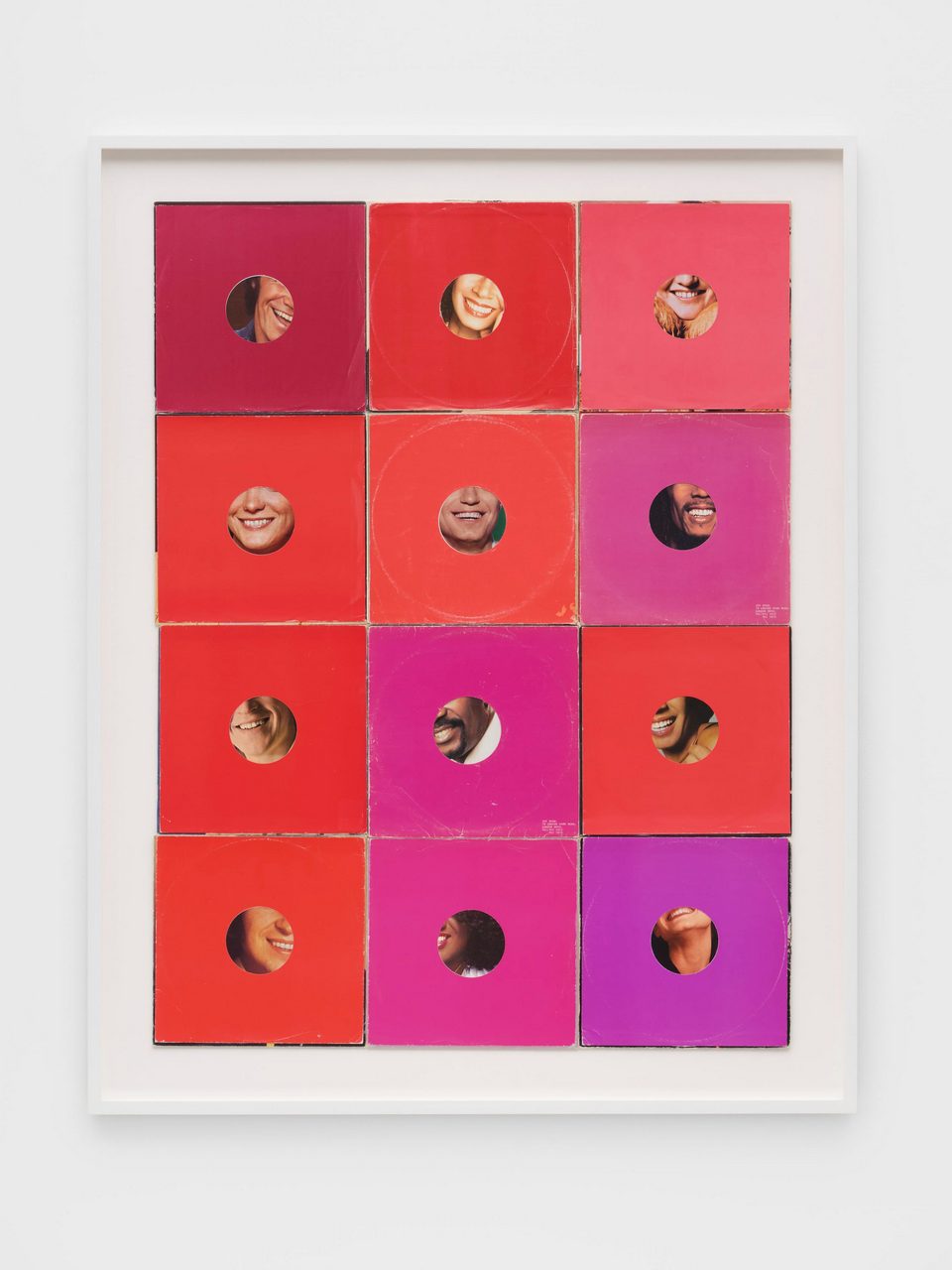 Christian Marclay, Oculi (Smiles), 2026, Twelve record covers and sleeves, 125.3 x 94.5 cm | 49 1/4 x 37 1/4 in., 144 x 113.2 x 4.5 cm | 56 3/4 x 44 1/2 x 1 3/4 in. (framed), © Christian Marclay, Courtesy the artist and White Cube Gallery